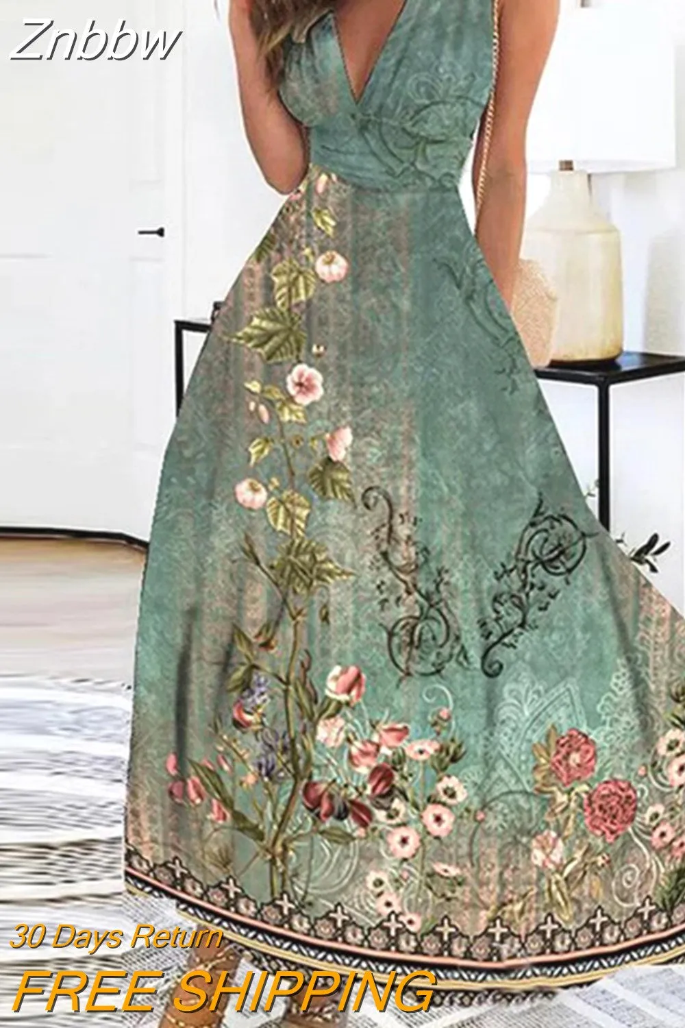 Znbbw Women Sleeveless Evening Dress Casual High Waist Boho Beach Dress New Summer Deep V-neck Floral Print Long Dress Vestidos - Image 3