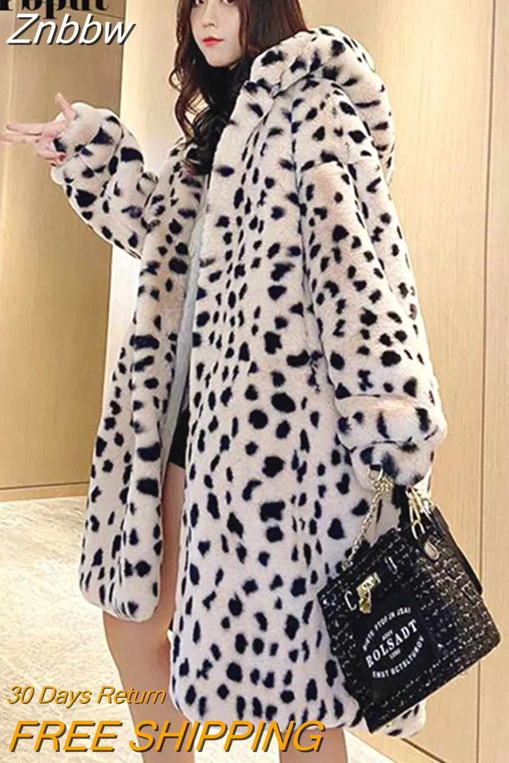 Znbbw Rabbit Fur Casual OverCoat Women Winter Hooded Coats Female Thick Warm Plush Loose Coat 2023 New Fashion Print Jacket