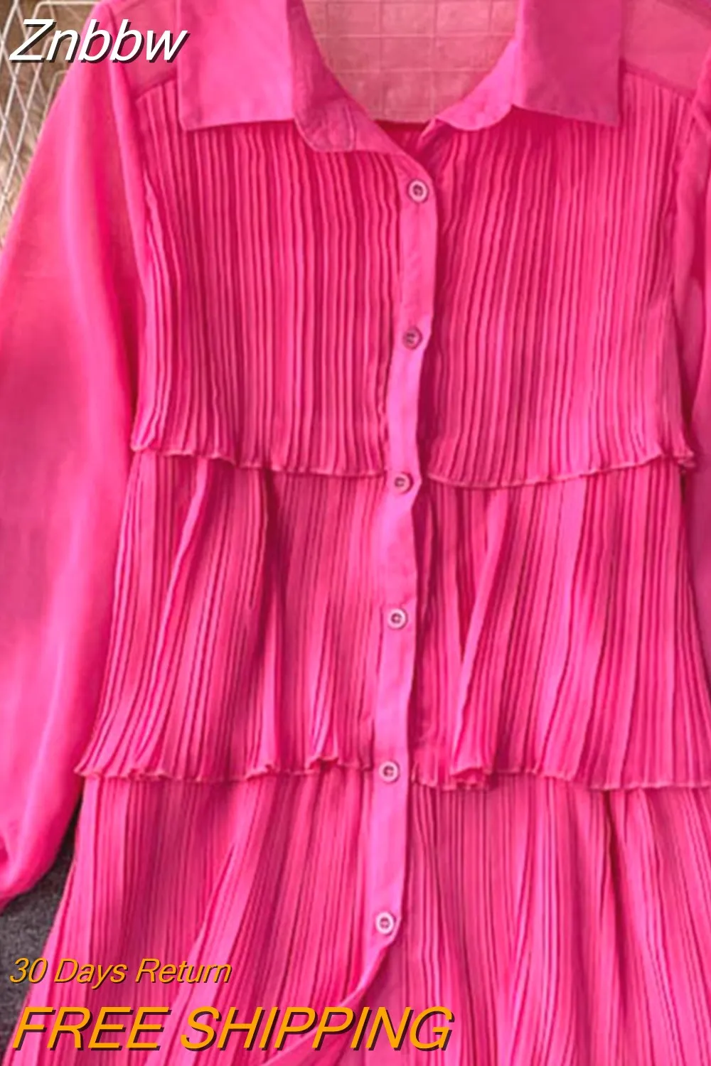 Znbbw Women's Spring Autumn Shirts New Design Niche Pleated Ruffled Mid-length Bubble Puff Sleeve Chiffon Top Female Blusa GX1044 - Image 5