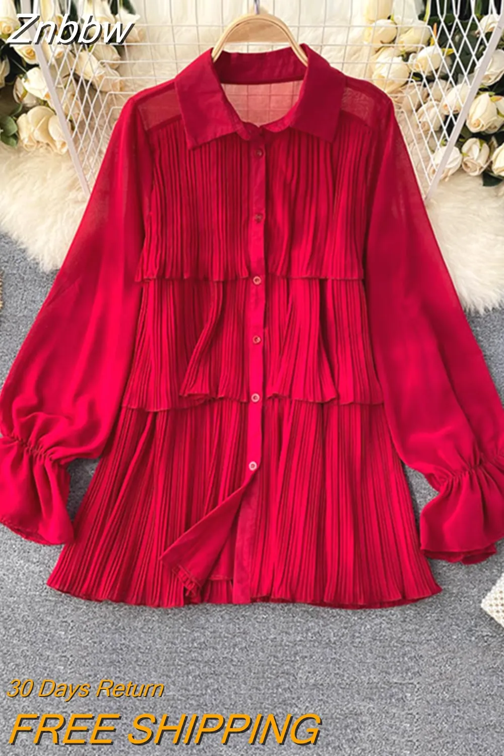 Znbbw Women's Spring Autumn Shirts New Design Niche Pleated Ruffled Mid-length Bubble Puff Sleeve Chiffon Top Female Blusa GX1044