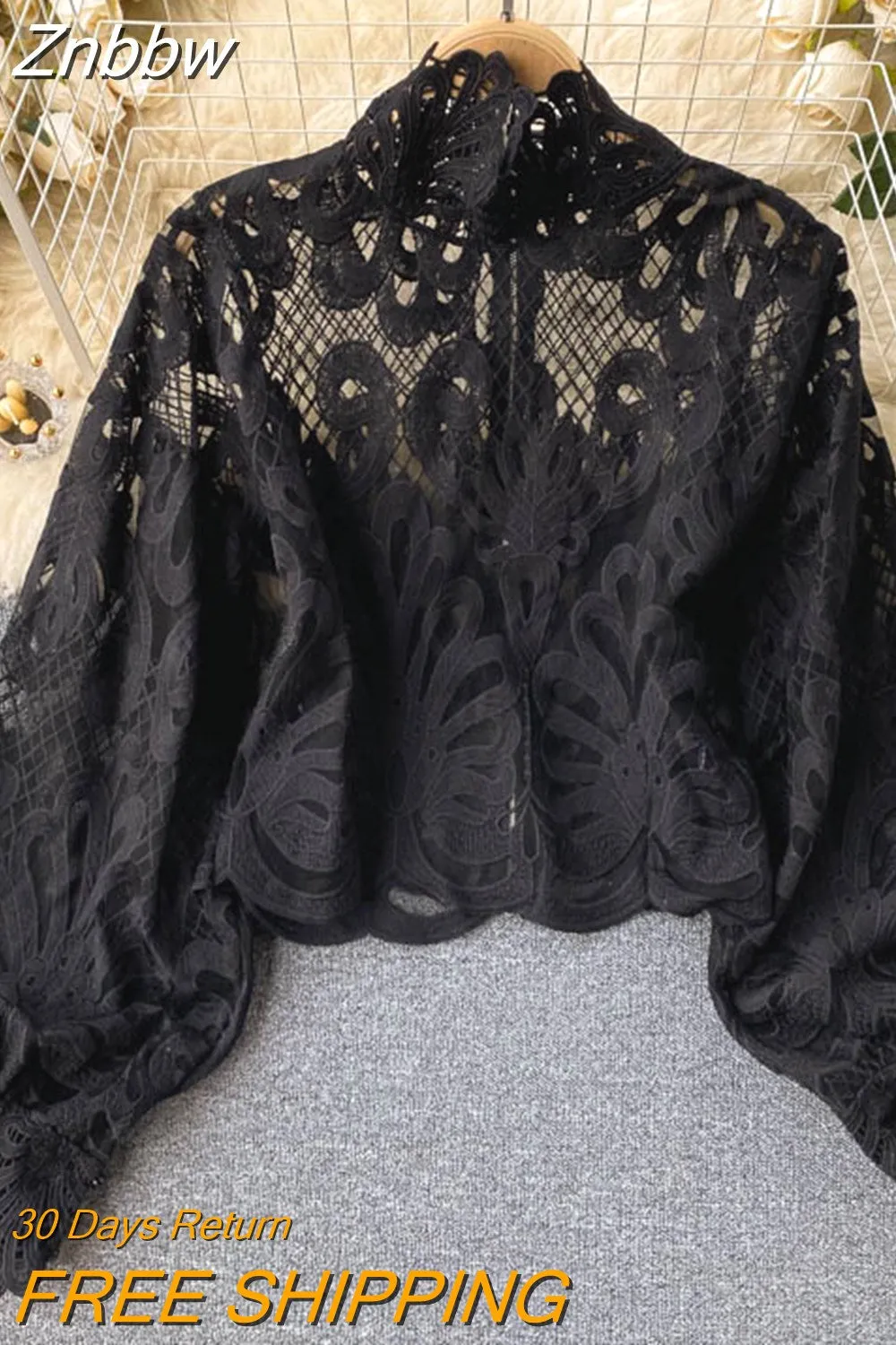 Znbbw 2023 New Fashion Blouse Female Hollow Lantern Sleeve Temperament Blusa Stand-up Collar Slim Short Lace Shirt C342 - Image 6