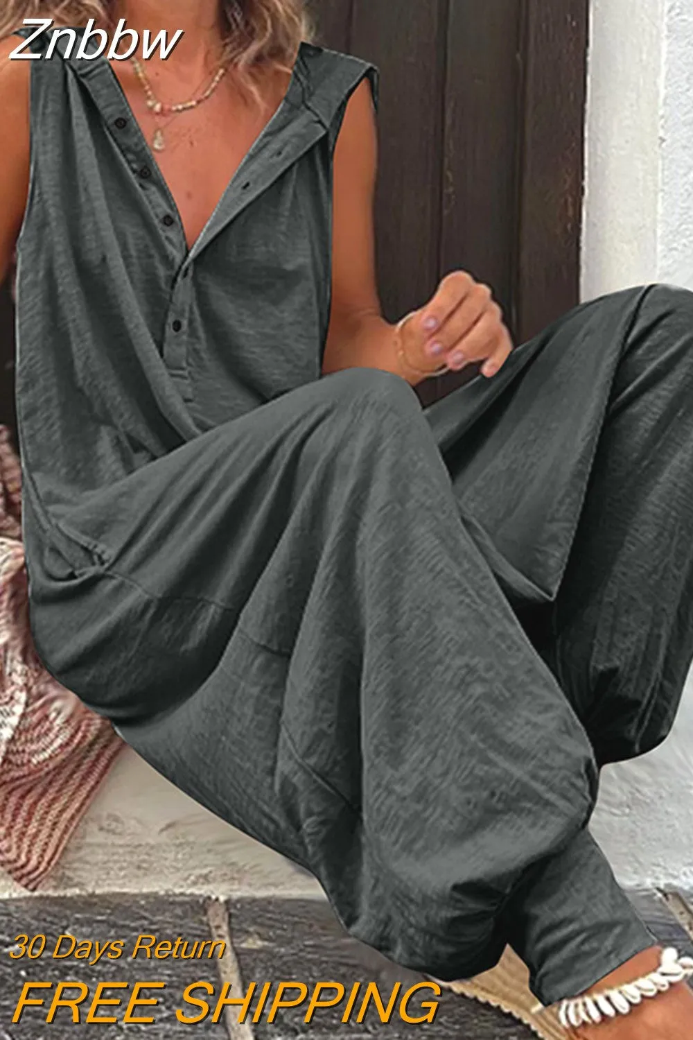 Znbbw Women Solid Hooded Jumpsuit Summer Casual V-neck Sleeveless Button Cross-pants Streetwear Female Loose Retro Romper Playsuits - Image 10