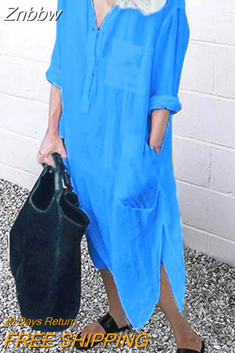 Znbbw Women Lapel Long Sleeve Shirt Dress Summer Solid Color Slit Pocket Button Shirt Female Casual Holiday Beach Party Loose Dresses - Image 8