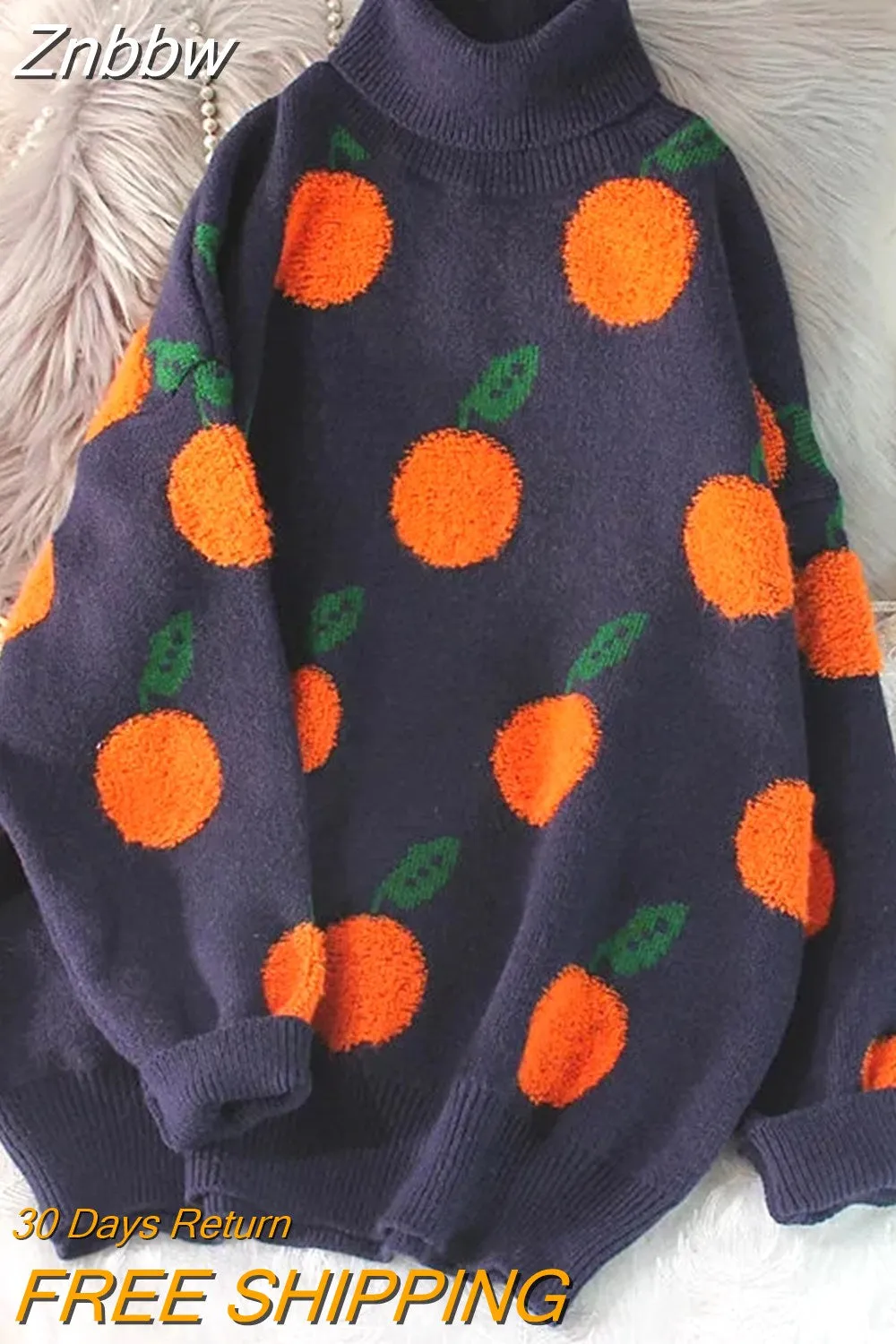 Znbbw 2023 Autumn Winter Sweaters Pullover Cherry Pattern Long Sleeve Sweater Women Turtleneck Knitted Jumpers Sweater Mujer - Image 3