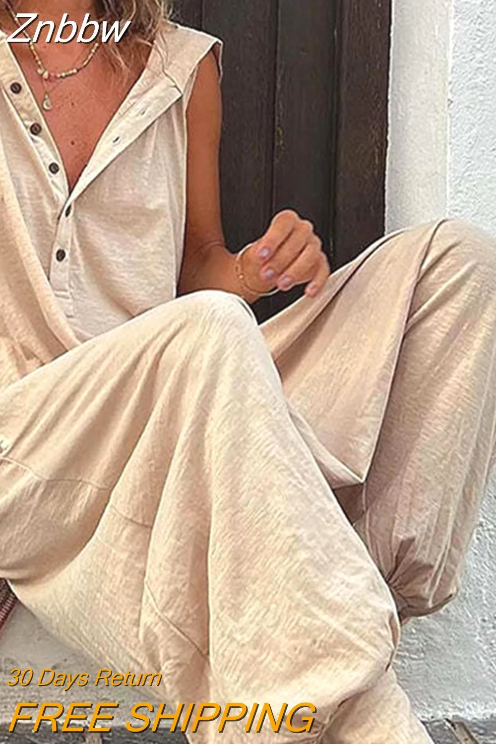 Znbbw Women Solid Hooded Jumpsuit Summer Casual V-neck Sleeveless Button Cross-pants Streetwear Female Loose Retro Romper Playsuits - Image 7