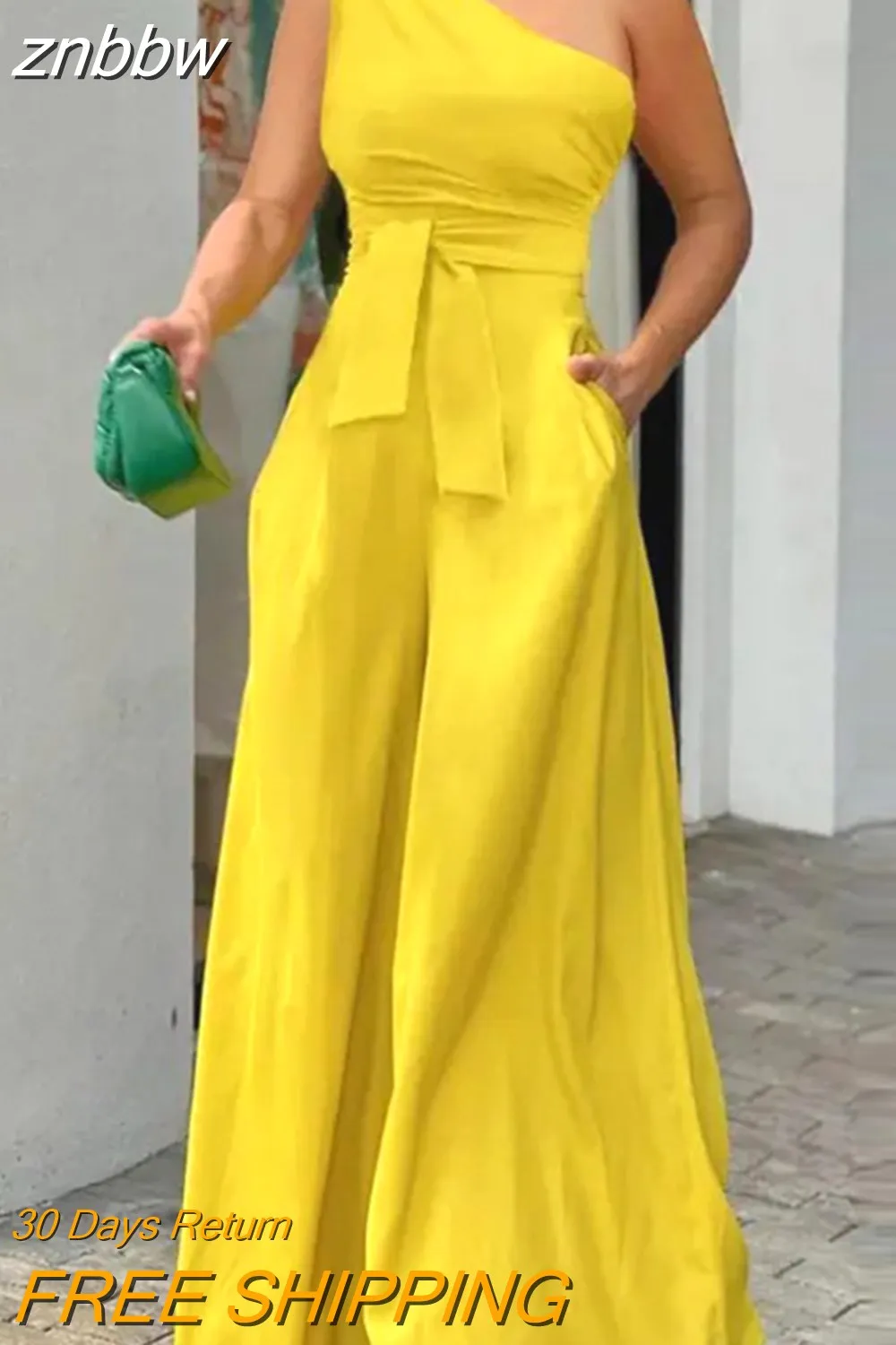 znbbw Women Sexy Backless Lace-Up Bow Romper Sexy Puff Sleeve Pocket Playsuits Fashion Solid Color V-Neck High Waist Wide Leg Jumpsuit - Image 4