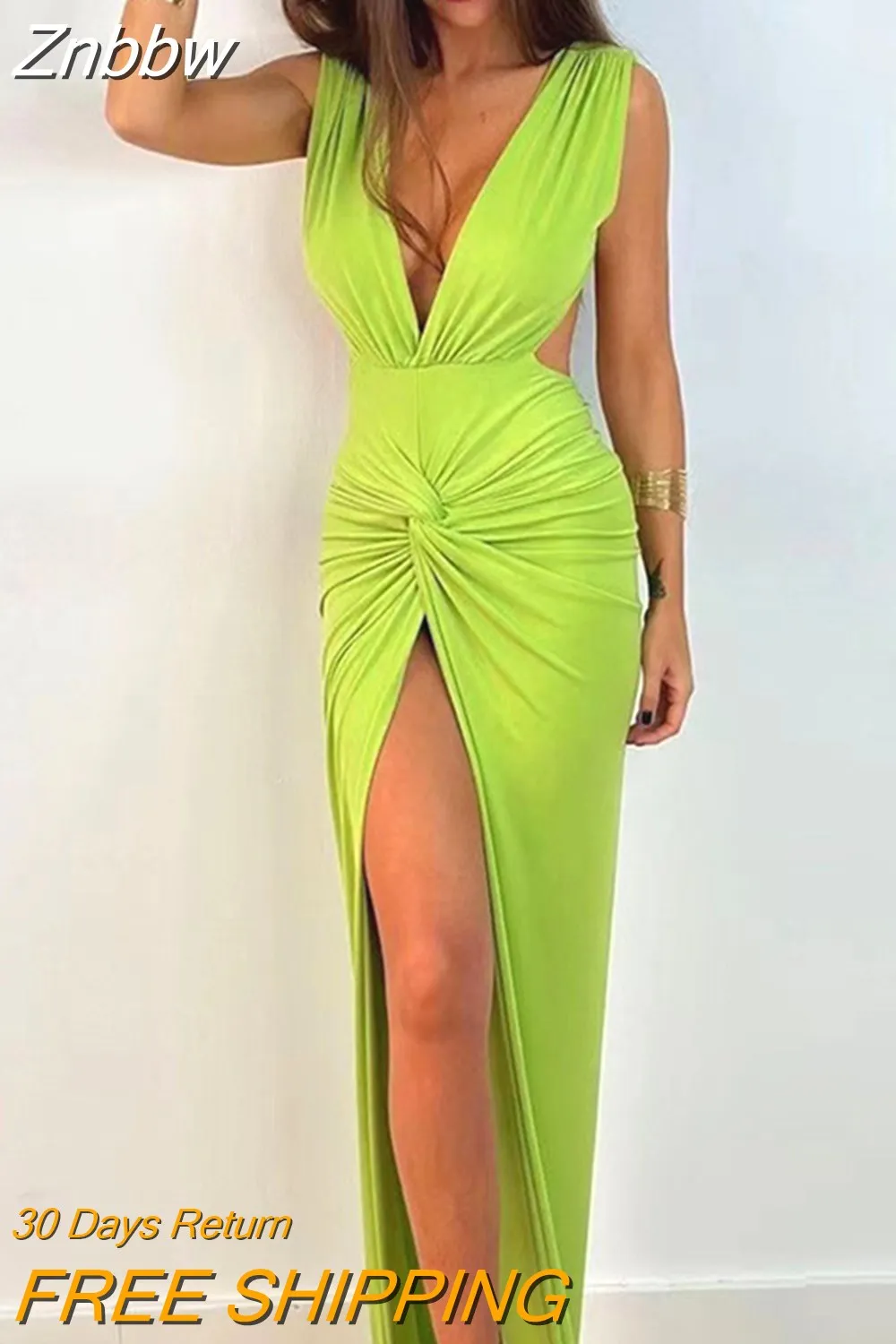 Znbbw 2023 Summer Fashion Ruched Long Dress Sexy Backless V Neck Hight Slit Women Bodycon Party Maxi Dress - Image 6