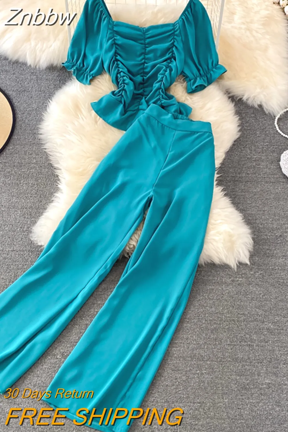 Znbbw Women Summer Fashion Casual Pants, High Waist Drape Wide Leg Pants, Square Collar Short Slim Blouse Two-piece Suit Female D0544 - Image 11