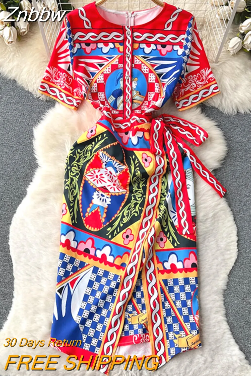 Znbbw 2023 Summer Blue and white porcelain Midi Dress Women's Round Neck Short Sleeve Lace Waist Slim Package Hip Dress - Image 5