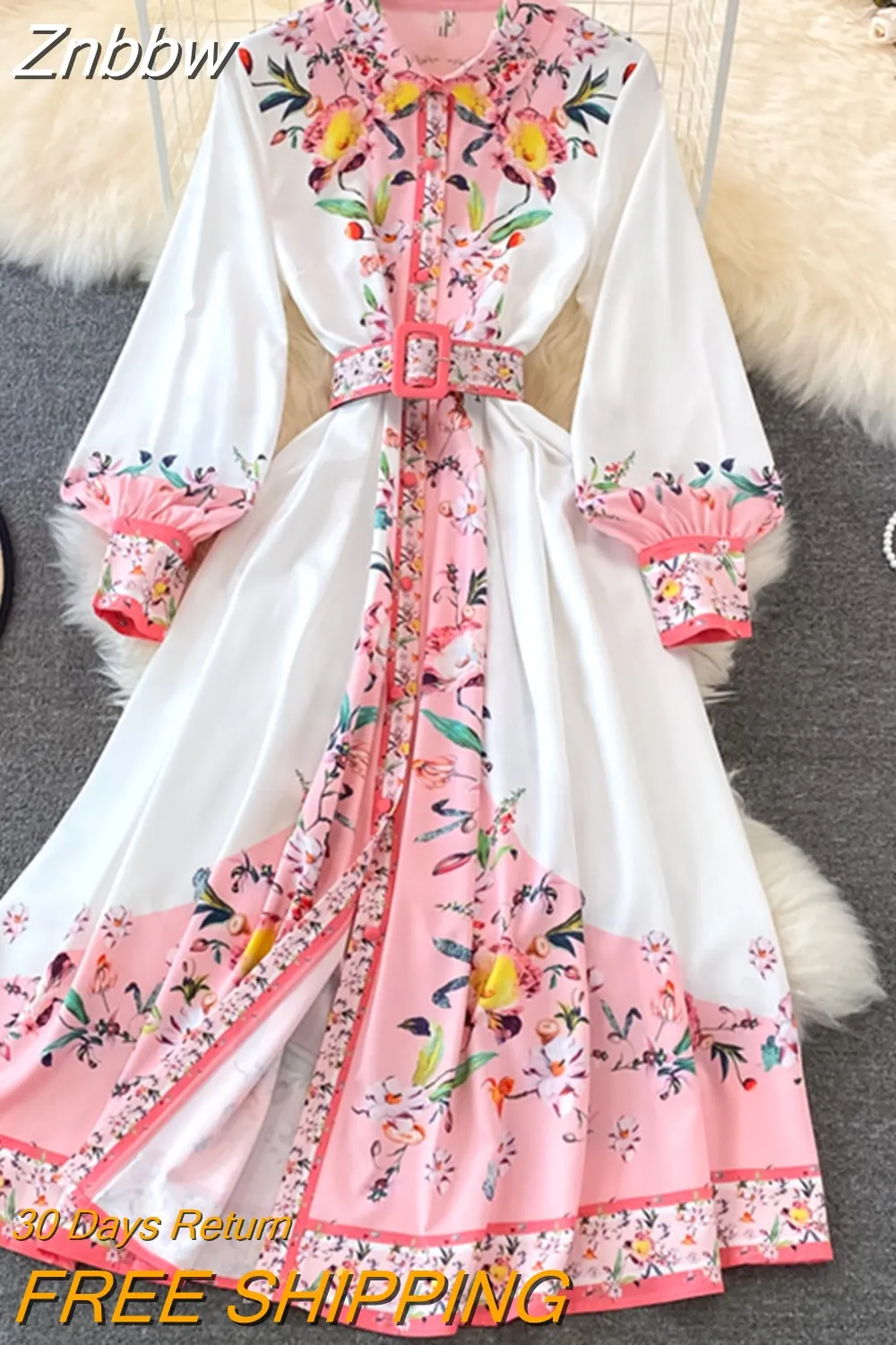 Znbbw Spring Runway Vintage Long Lantern Sleeve Floral Print High Waist Bohemain Dress Elegant Luxury Shirt Party Dress for Women