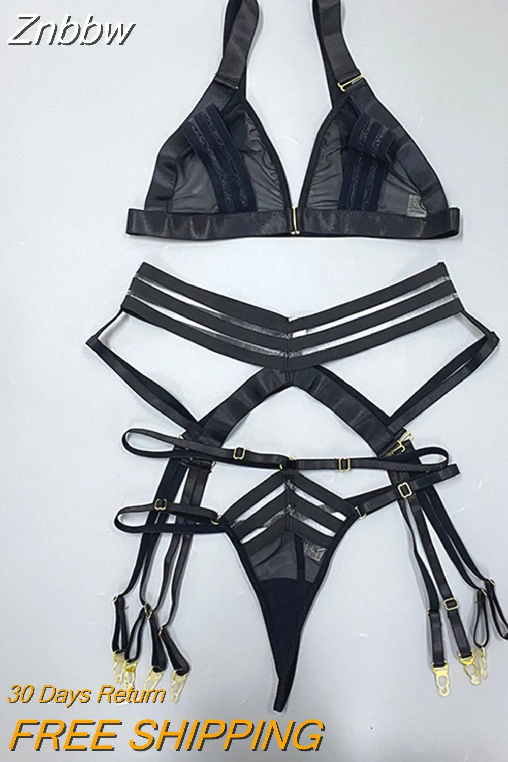 Znbbw 3-Piece Sheer Lingerie Sexy Lace Transparent Underwear Wireless Bra And Panty Set Garters and Thongs Sensual Intimate - Image 2