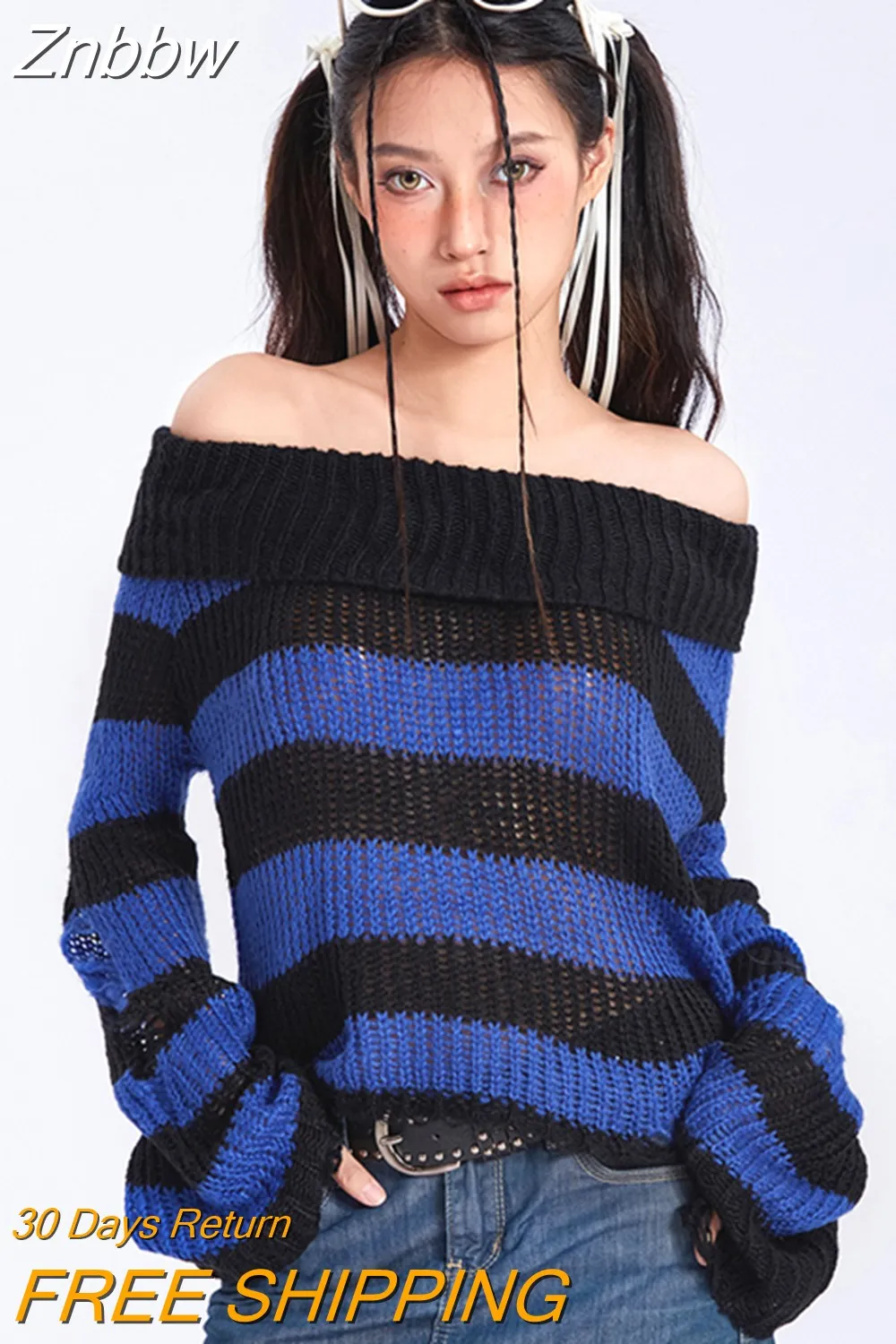 Znbbw Y2k Punk Rock Zipper Sexy Off Shoulder Sweaters Women Gothic Black Grey Stripes Broken Hole Loose Knitted Jumpers - Image 4