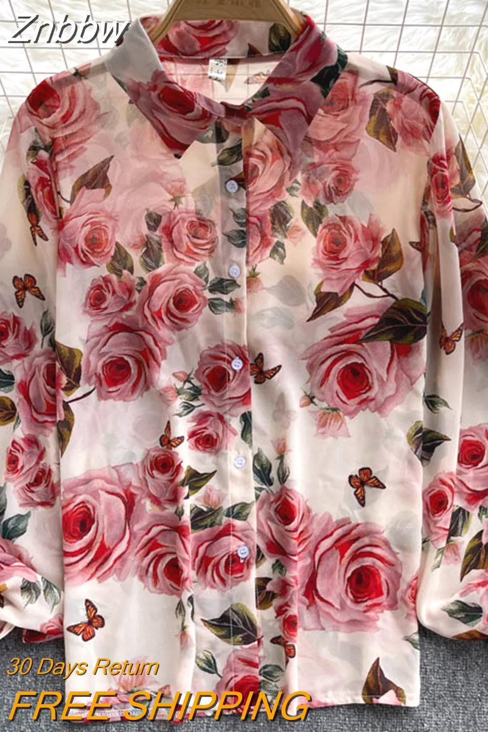 Znbbw Autumn Temperament Fashion Retro Chiffon Floral Blouses Print Loose Lapel Puff Sleeve Top Button Up Shirt Female GD611 - Image 7