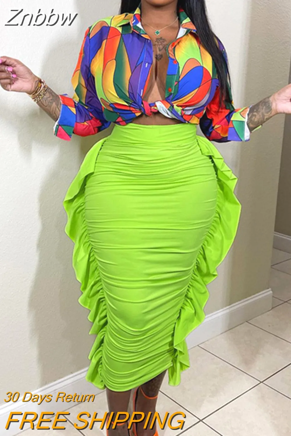 Znbbw Women Fashion Streetwear High Waisted Pleated Green Pencil Midi Skirt 2023 Summer Clothes Wholesale Items For Business