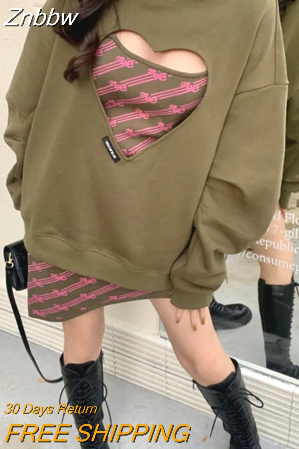 Znbbw Y2K Korean Style Hollow Out Heart Hoodies Women Vintage Sexy Plus Size Sweatshirts E-girl Long Sleeve Green O-neck Tops