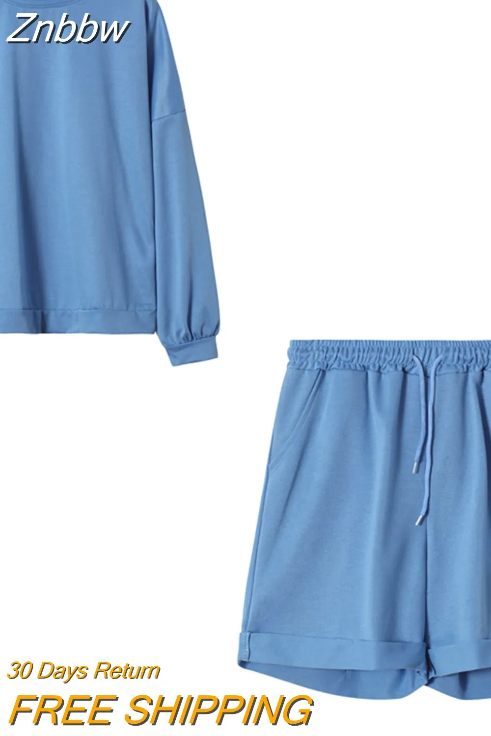 Znbbw Women Solid Tracksuits Casual Long Sleeve Pullover with Pockets Shorts Two Piece Set Sport Fashion Loose Matching Sets Outfits - Image 8