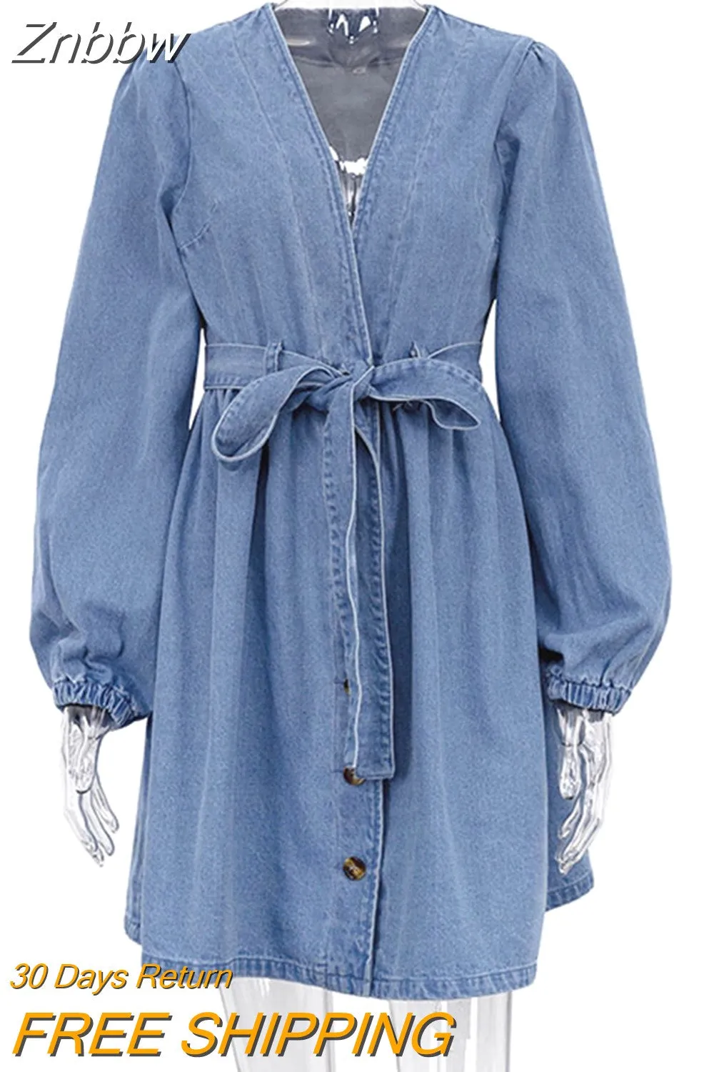 Znbbw 2023 Autumn Winter Sexy Denim Dresses With Belt Women Fashion V-neck Long Sleeve Bandage Elegant Lady Casual Mini Dress - Image 2