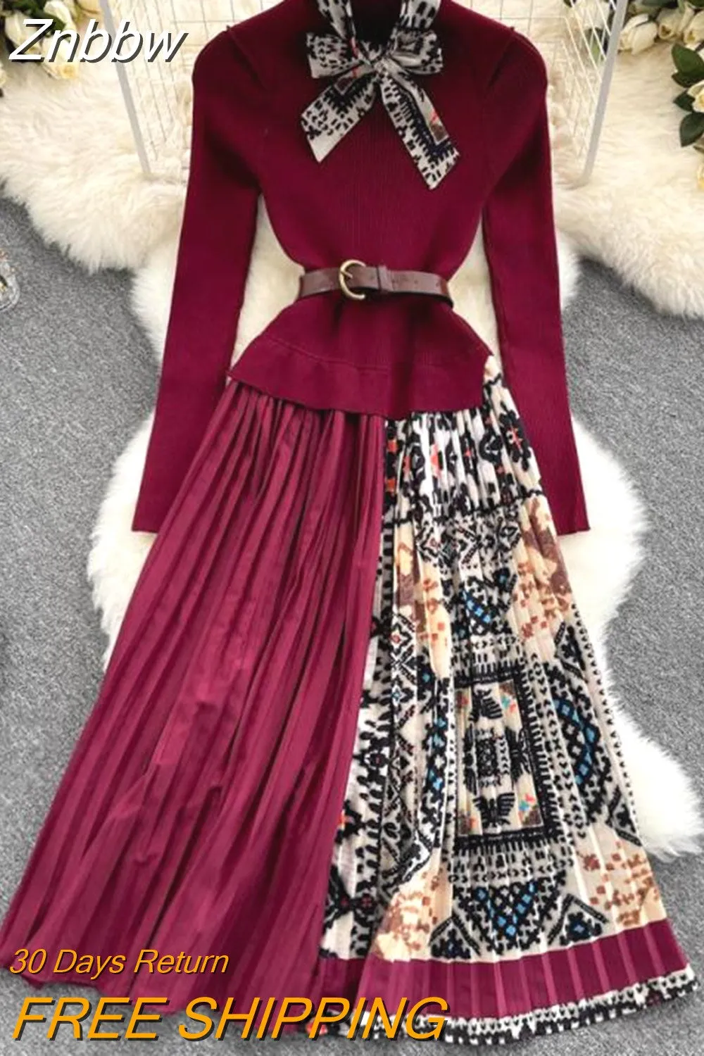 Znbbw 2023 Autumn Winter Fashion Runway Vintage elastic Knitted Dress Women Long Sleeve Patchwork Pleated Belted Midi Dress - Image 6