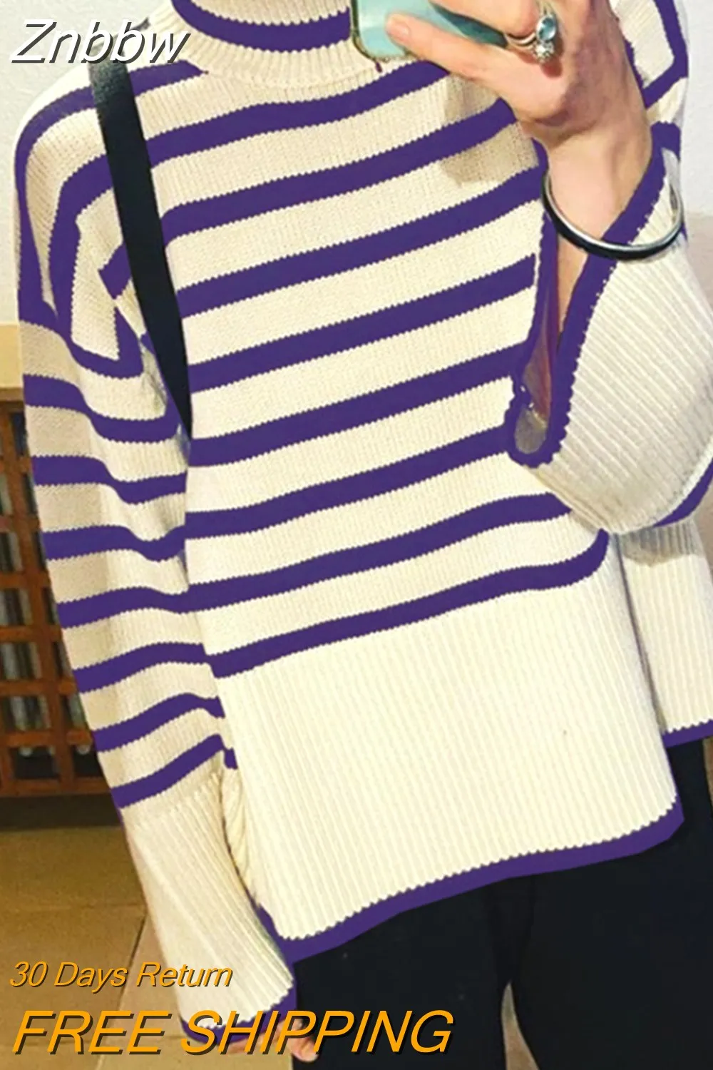 Znbbw Women Turtleneck Sweaters Striped Split Autumn Winter Long Flare Sleeve Knitted Pullover Oversized Y2K Female Knitwear Top - Image 7