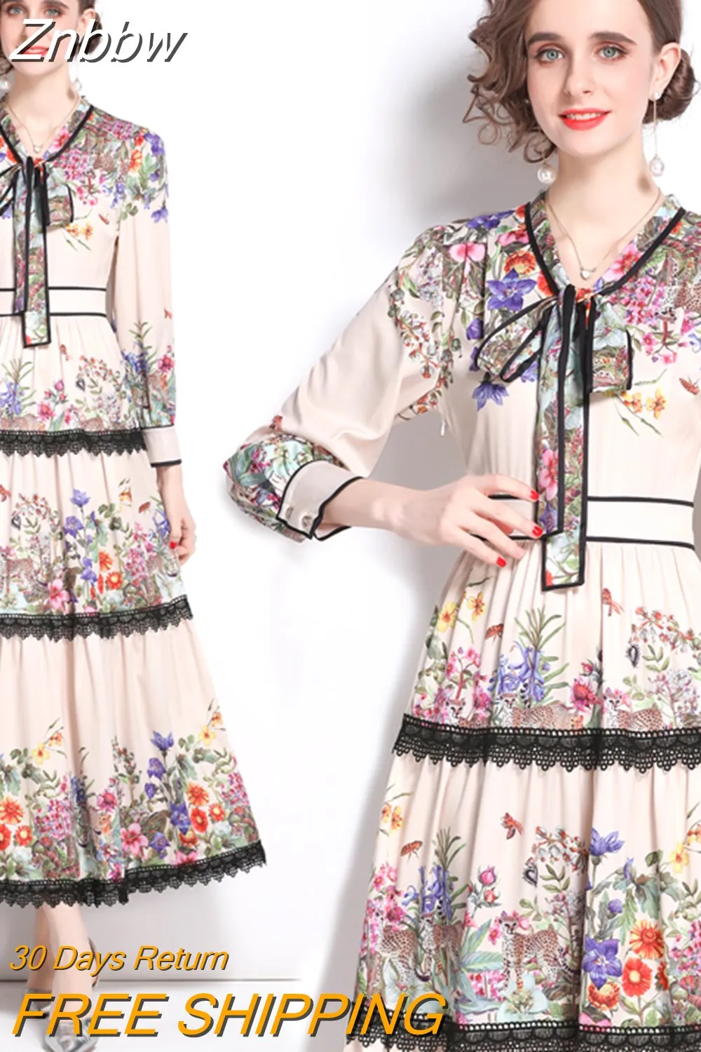 Znbbw 2023 New Spring Runway Floral Print Lace Splicing Party Dress Women Bow Neck Long Sleeve Vintage Print Long Dress - Image 4