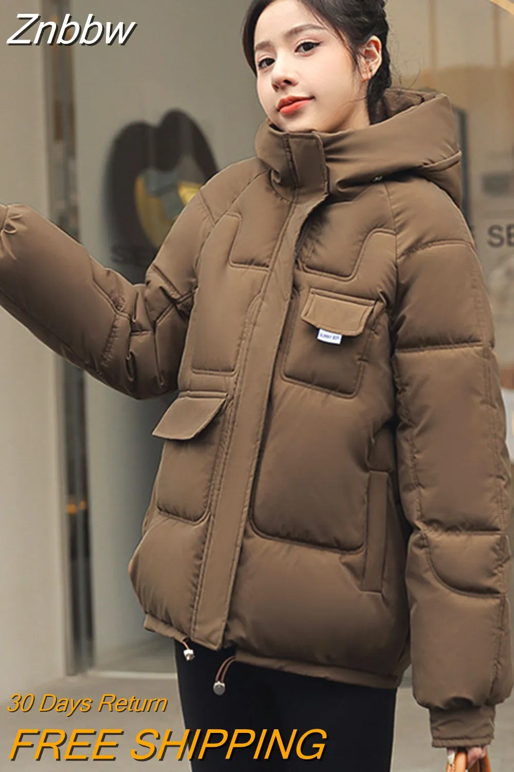 Znbbw Women Down Jacket 2023 Hit Winter New Thick Warm Cotton Down Padded Jacket Casual Sweety Solid Color Hooded Coat Jackets Outwear - Image 9