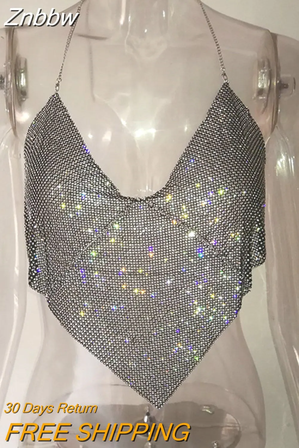 Znbbw 2023 Triangle Diamonds Crop Top Crystal Halter Summer Tops Glitter Women Sexy Backless Nightclub Bralette Tank Top - Image 6