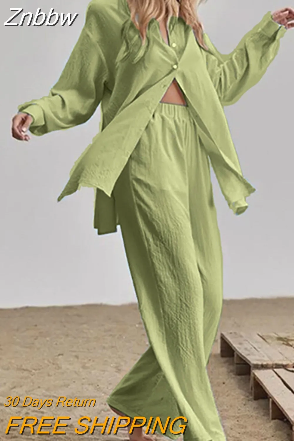 Znbbw Women 2 Pieces Set Long Sleeve Lapel Shirts And Elastic High Wasit Pants Summer Autumn Loose Elegant Women Sets Suit Outifits - Image 9