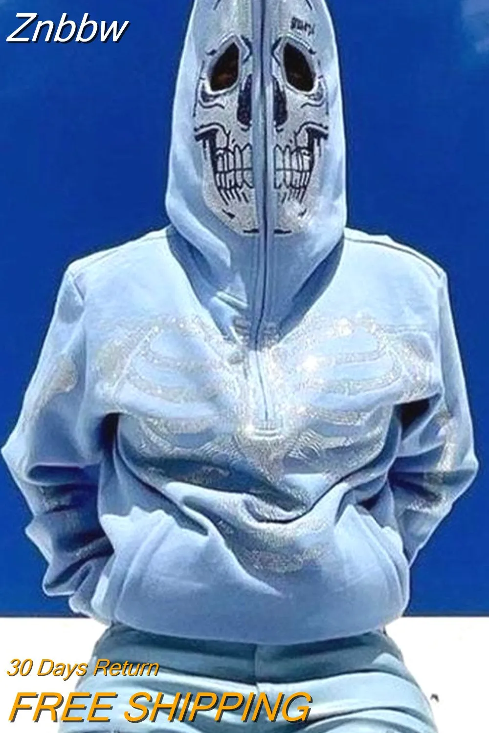 Znbbw Fashion Hot-selling Rhinestones Skeleton Print Black Y2k Gothic Long-sleeve Full Zip Hoodie Oversized Sweatshirt Jacket - Image 5