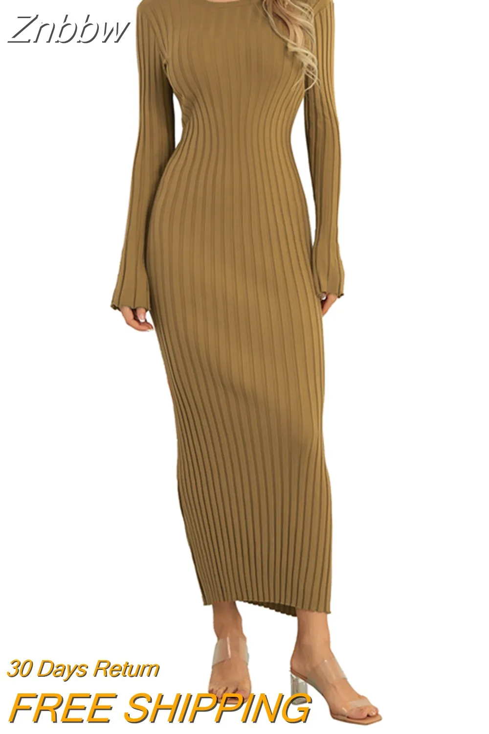 Znbbw Women's Knit Ribbed Long Dress Long Sleeve O Neck Wrapped Pencil Dress robe femme vestidos de mujer casual elegante - Image 9