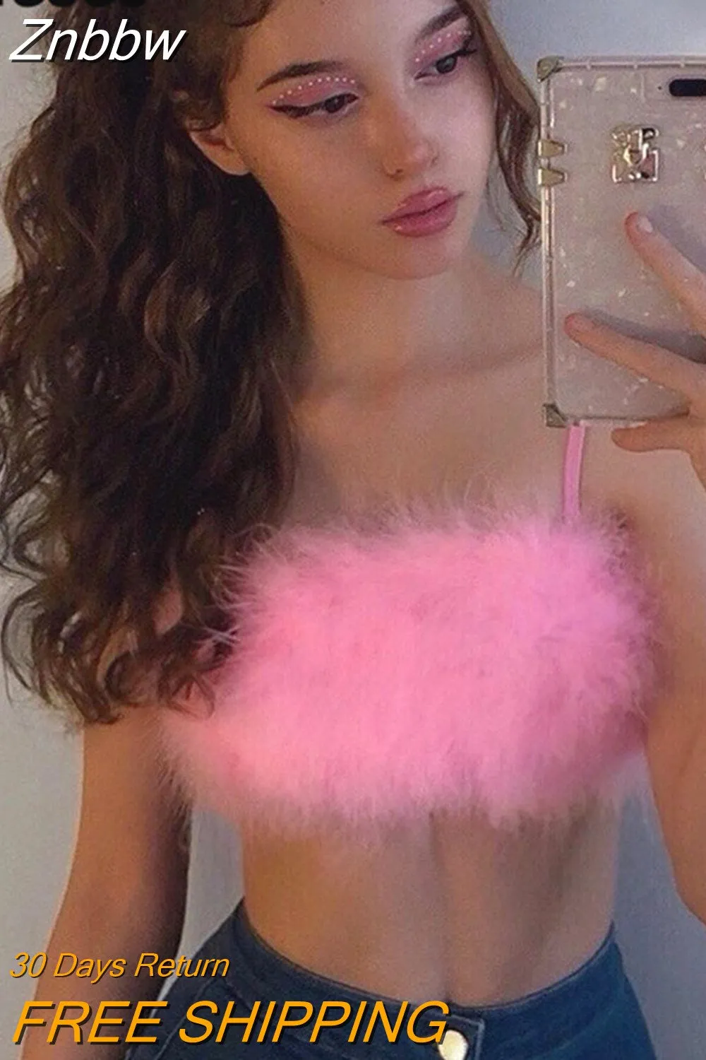 Znbbw Pink Faux Fur Sleeveless Rave Festival Party Cami Top Women Clothes Summer Spaghetti Strap Slim Fit Bustier Crop Tops