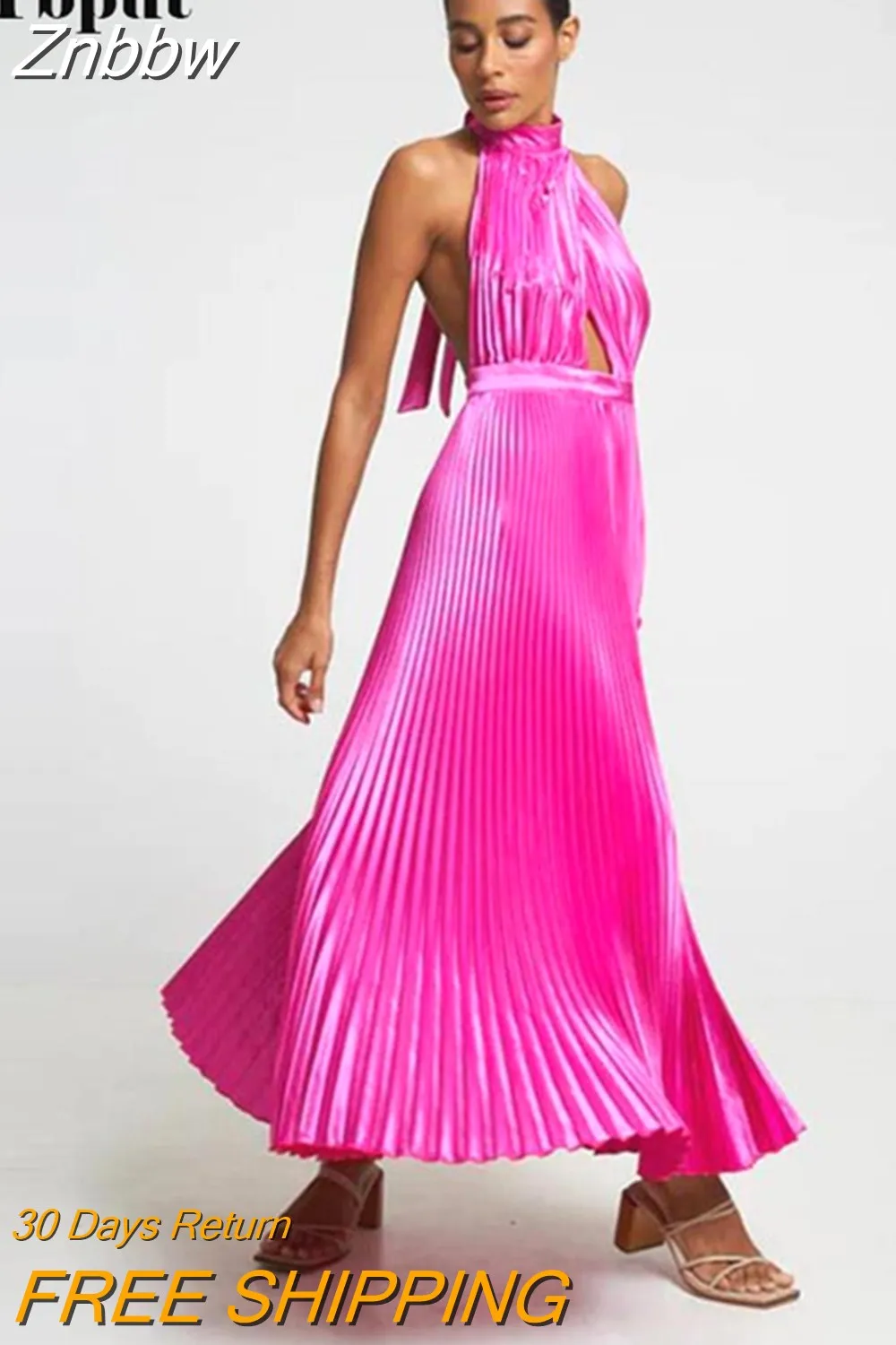 Znbbw Women Elegant Pressed Pleat Backless Dresses 2023 Spring Summer Sexy Solid Satin Dress Female Bodycon Fashion Party Gown