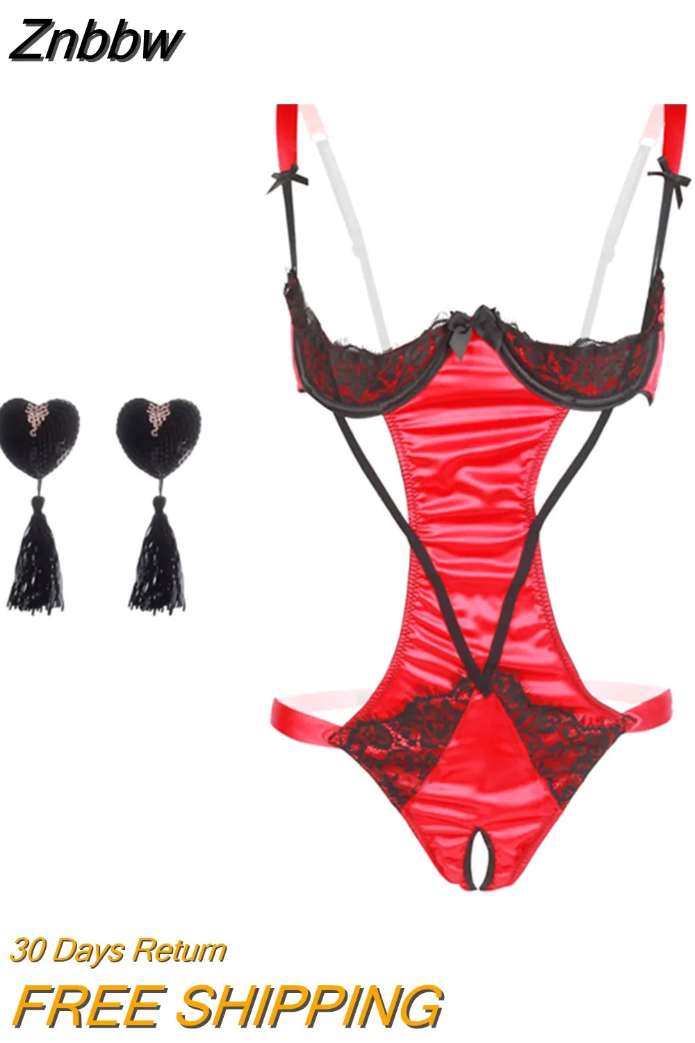 Znbbw Bow Backless Nightwear Teddy Lenceria Sexi Para Mujer Black Red Women Open Cupless Bra Crotchless Bodysuit Lingerie Sling