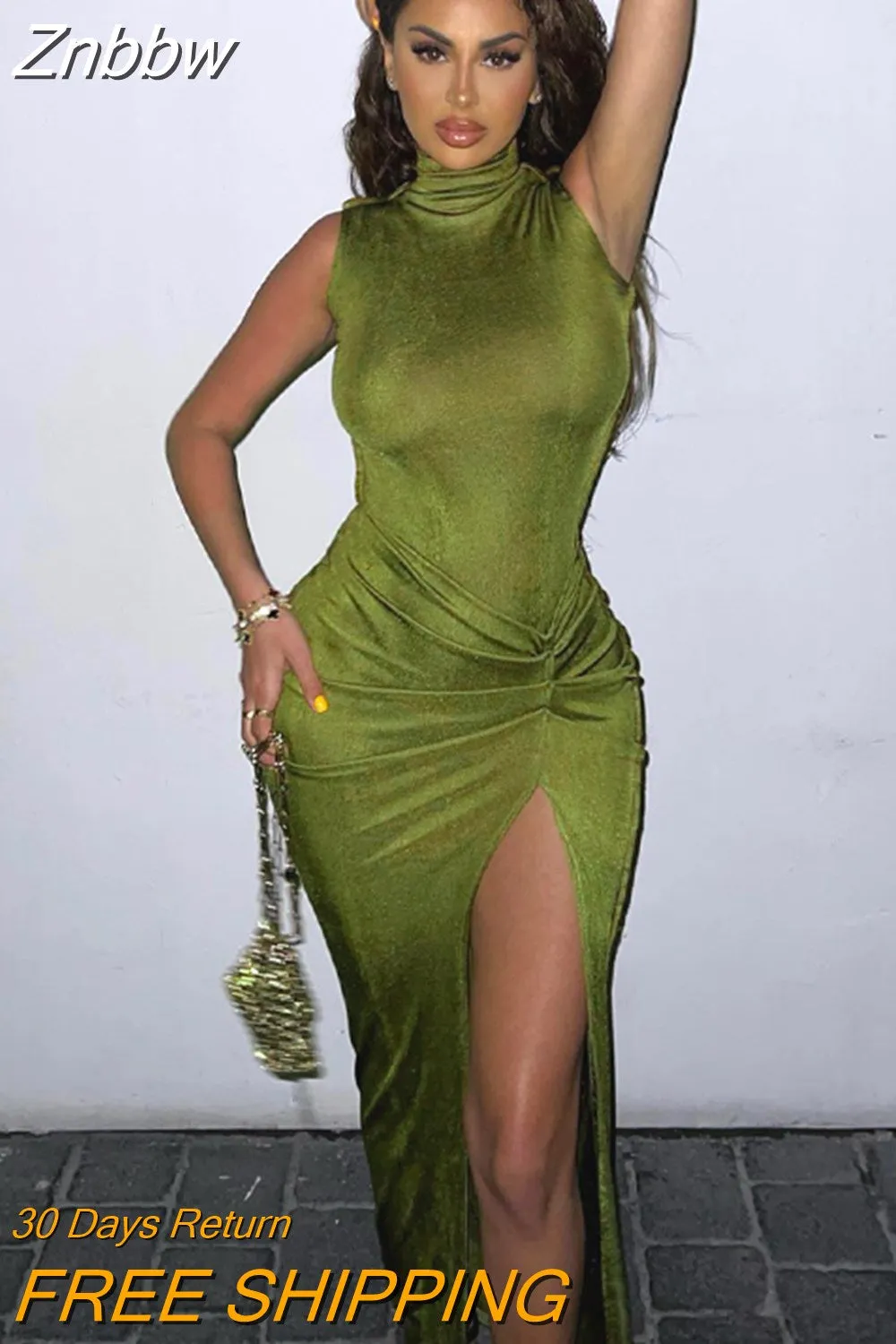 Znbbw Women Sleeveless Party Club Evening Bodycon Green Split Long Dress 2023 Summer Clothes Wholesale Items For Business - Image 4
