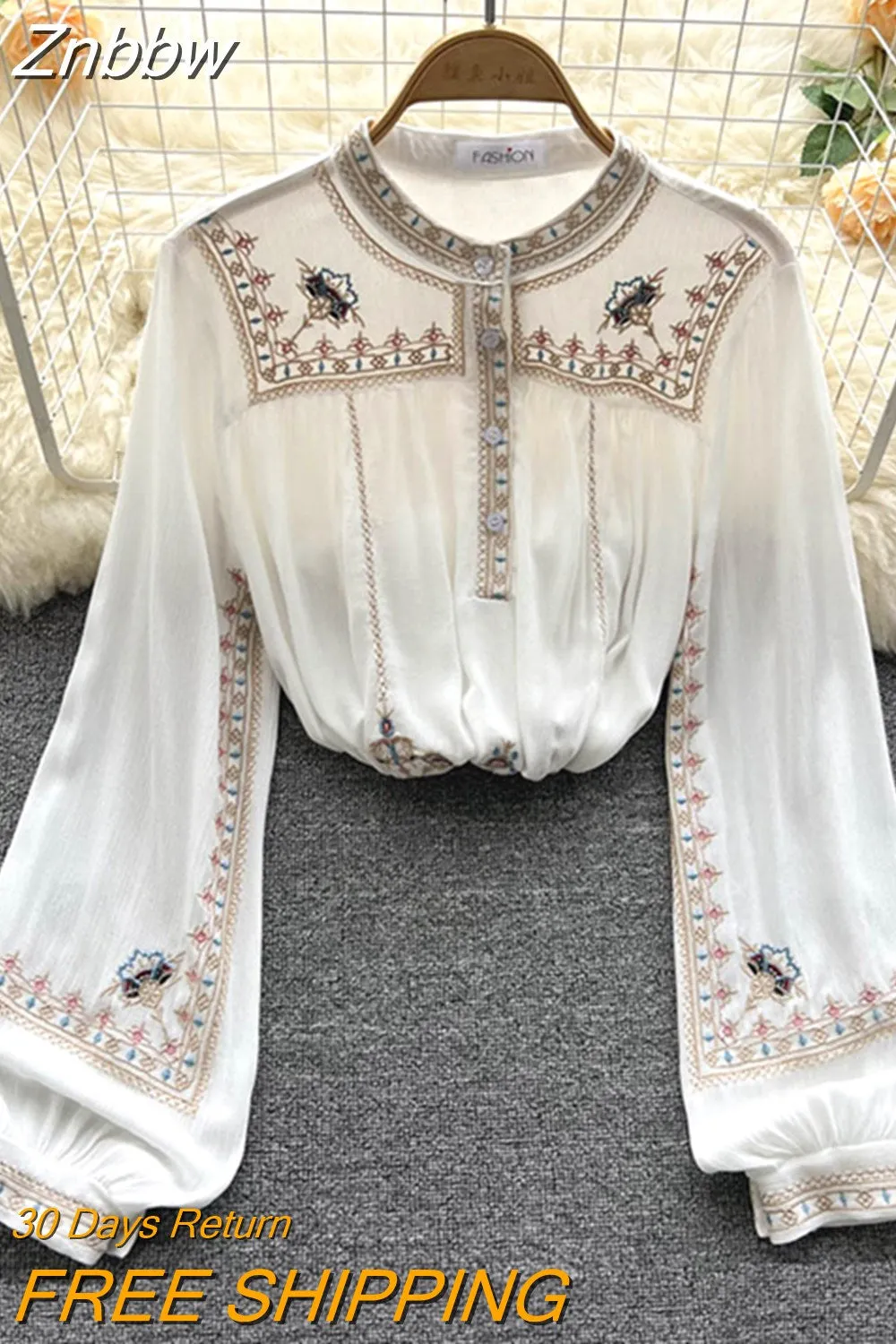 Znbbw Versatile Embroidery Shirt Women's Spring Autumn 2023 New Stand Collar Bohemian Loose Blouse Womens Tops G03