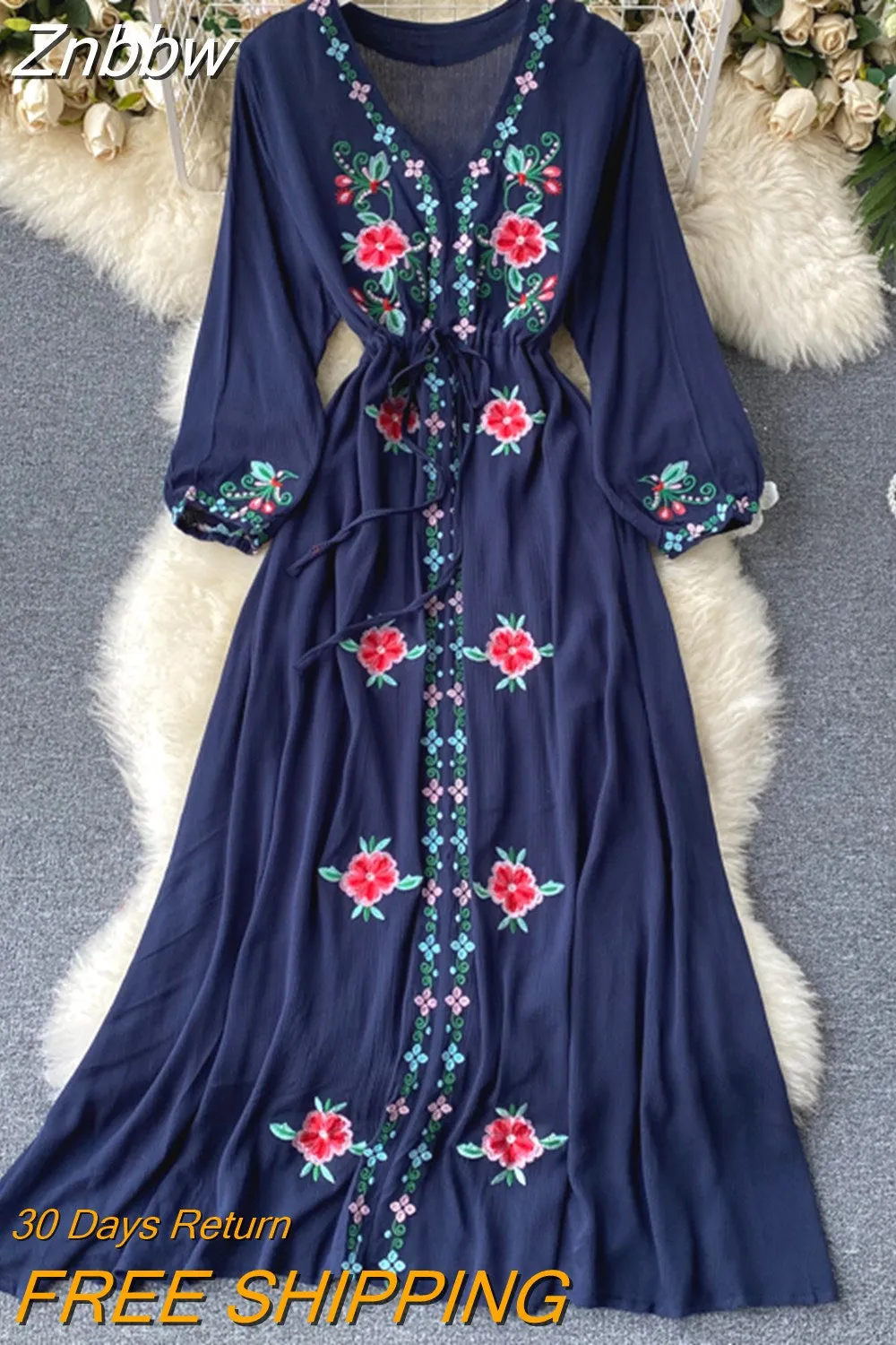 Znbbw Women's Dress Travel Photography Holiday Long Dress 2023 New Retro Ethnic Style Embroidered V-neck Lantern Sleeve Dress Y1034 - Image 4