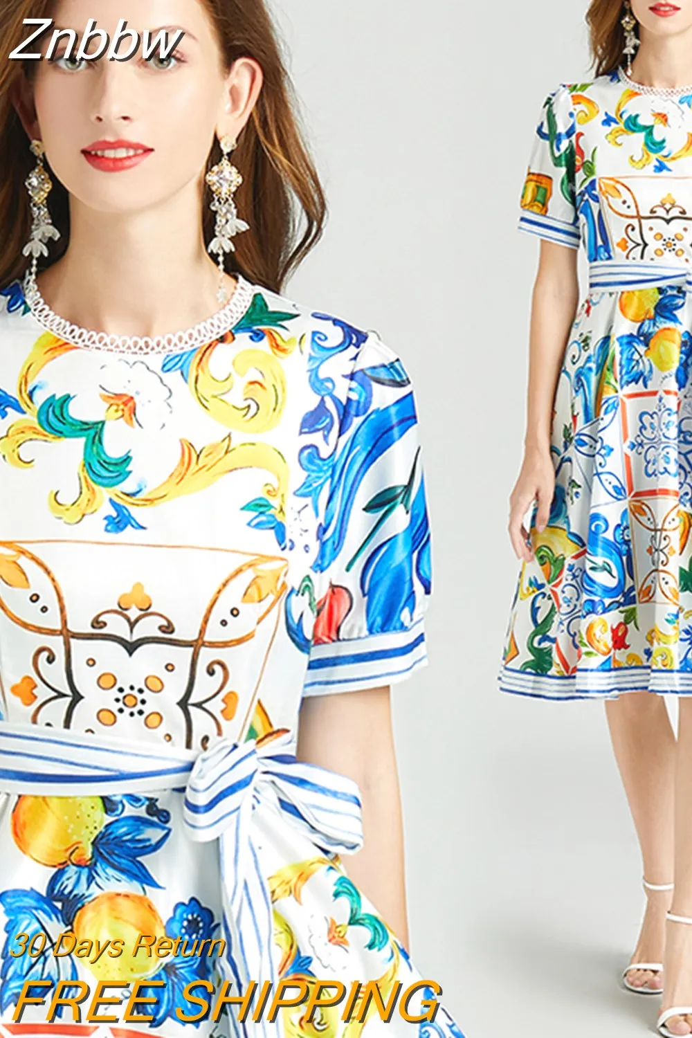 Znbbw 2023 Summer Midi Dress Women Stitching Lace O-Neck Short Sleeve Blue and White Porcelain Stripe Print Sashes A-Line Dress - Image 4