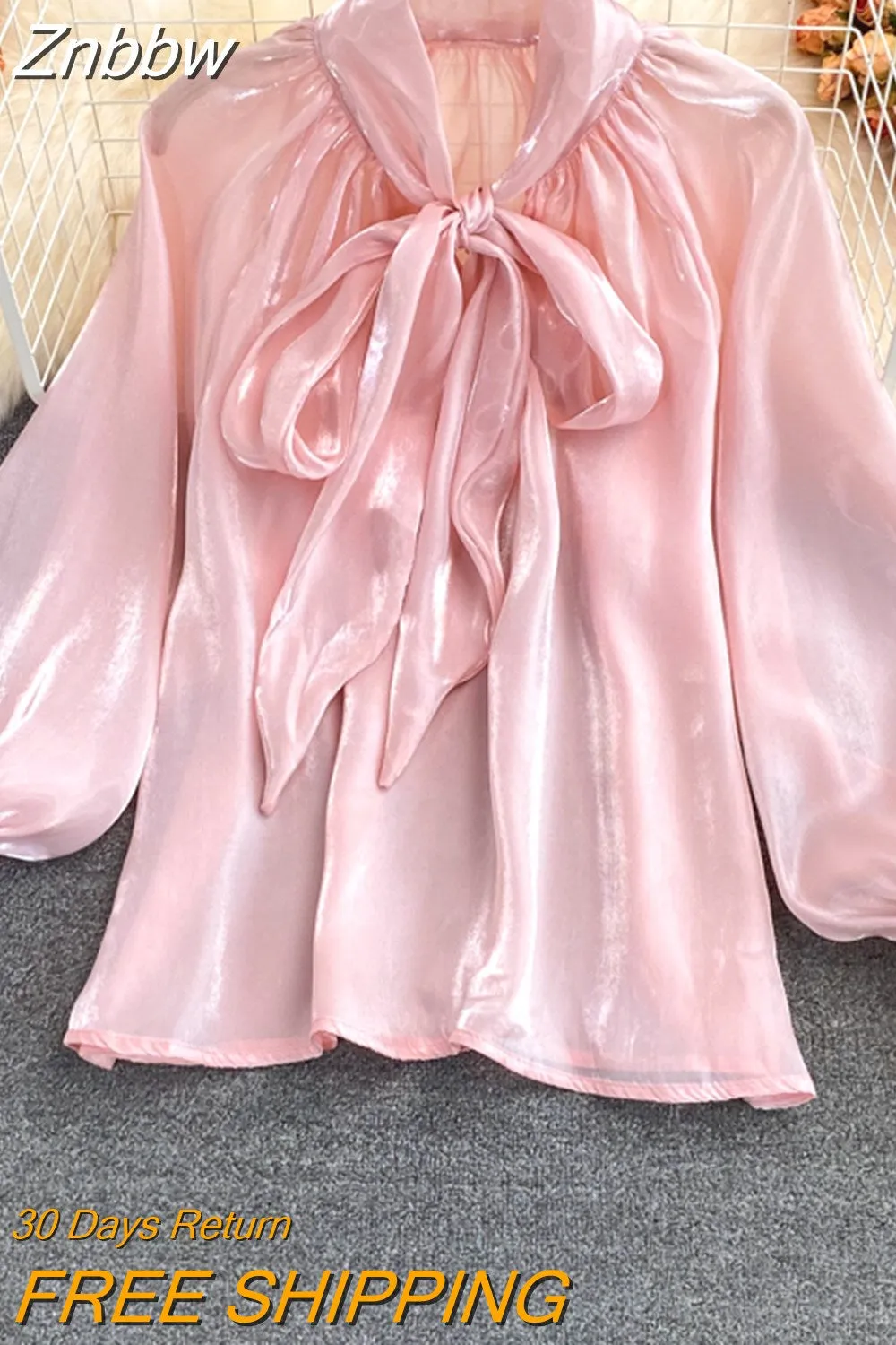 Znbbw Autumn Women's New Tops Bowknot Lantern Sleeves Loose All-match Temperament Ladies Shirt UK113 Women Blouses UK113 - Image 5