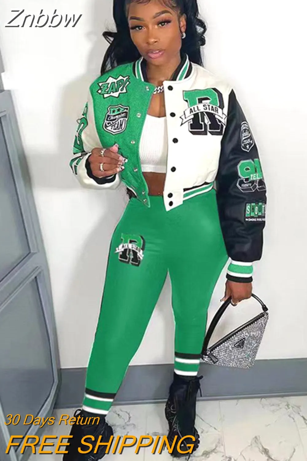 Znbbw Letter Casual Two Piece Set For Women Single Breasted Baseball Jogging Suits Full Sleeve Short Jacket Trousers Suit - Image 8