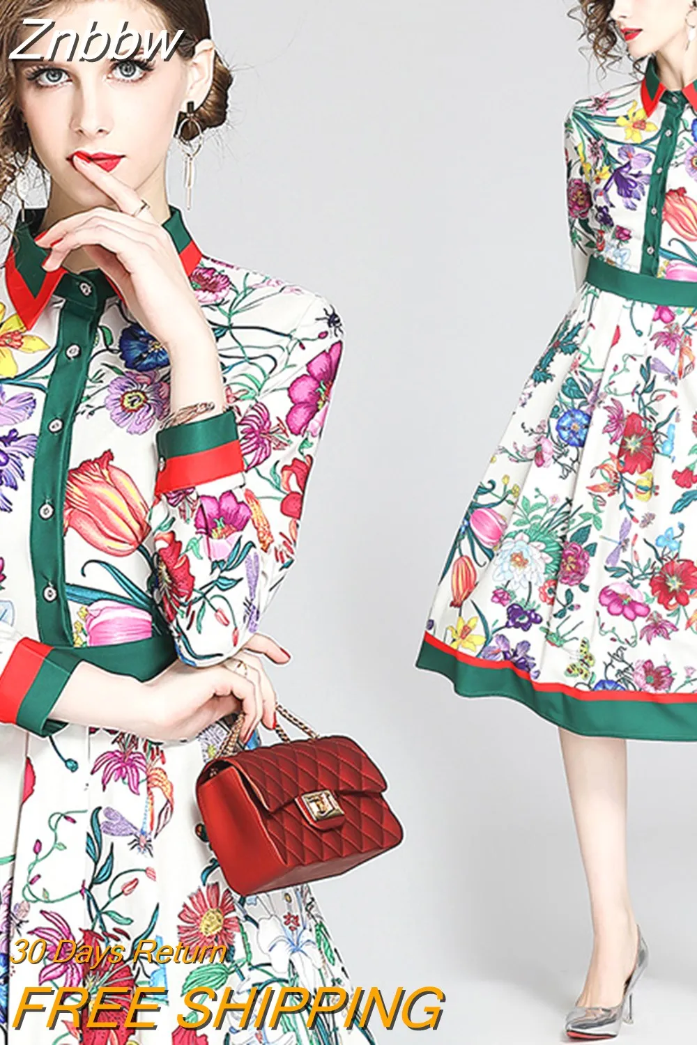 Znbbw 2023 Spring Autumn Fashion Runway Shirt Dress Women's Long Sleeve Elegant Floral Stripe Print OL Pleated Midi Dress - Image 4