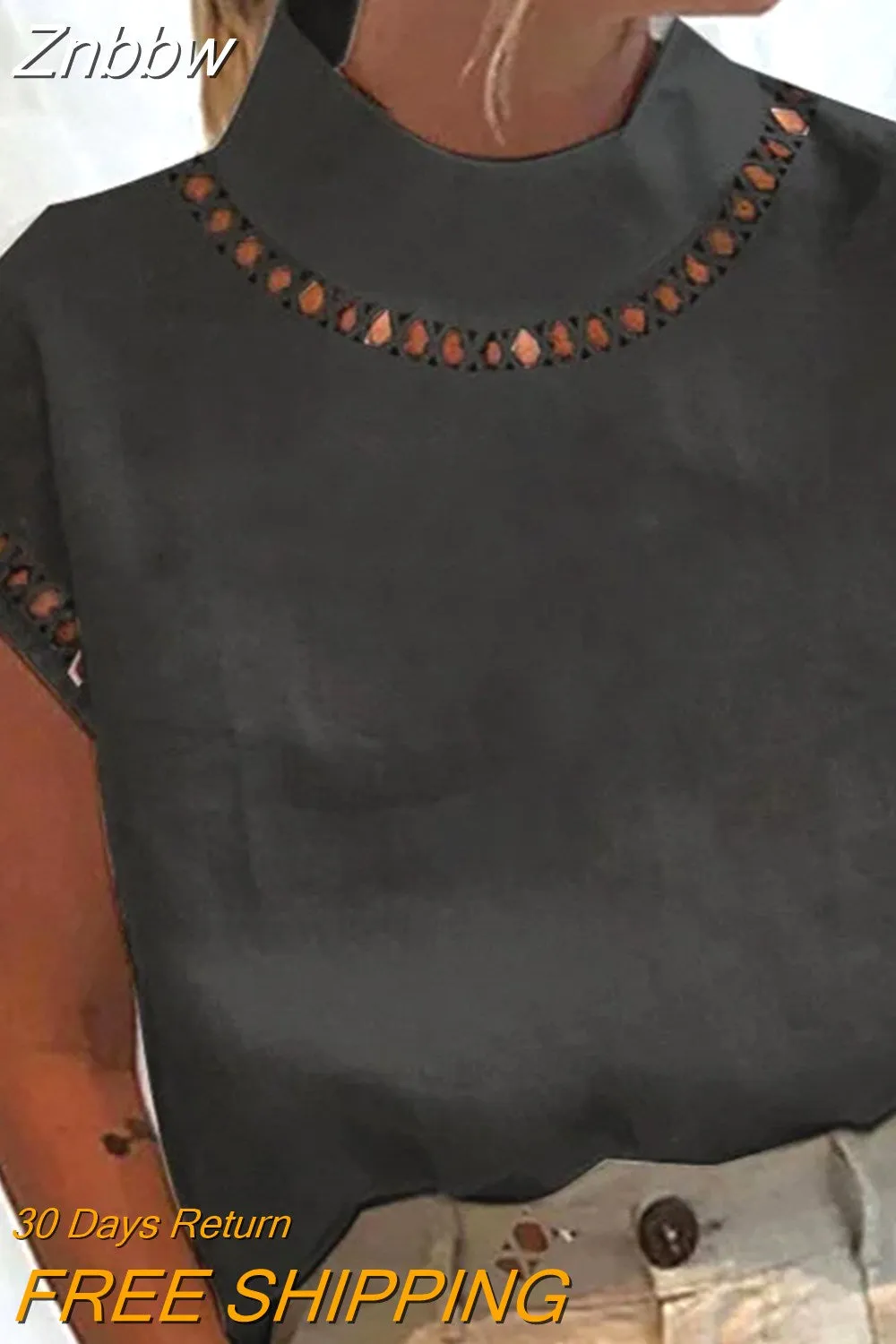 Znbbw Women Solid Hollow Out Tops Summer Turtleneck Cotton Linen Breathable Blouses Casual Loose Short Sleeve Office Shirt Pullover - Image 7