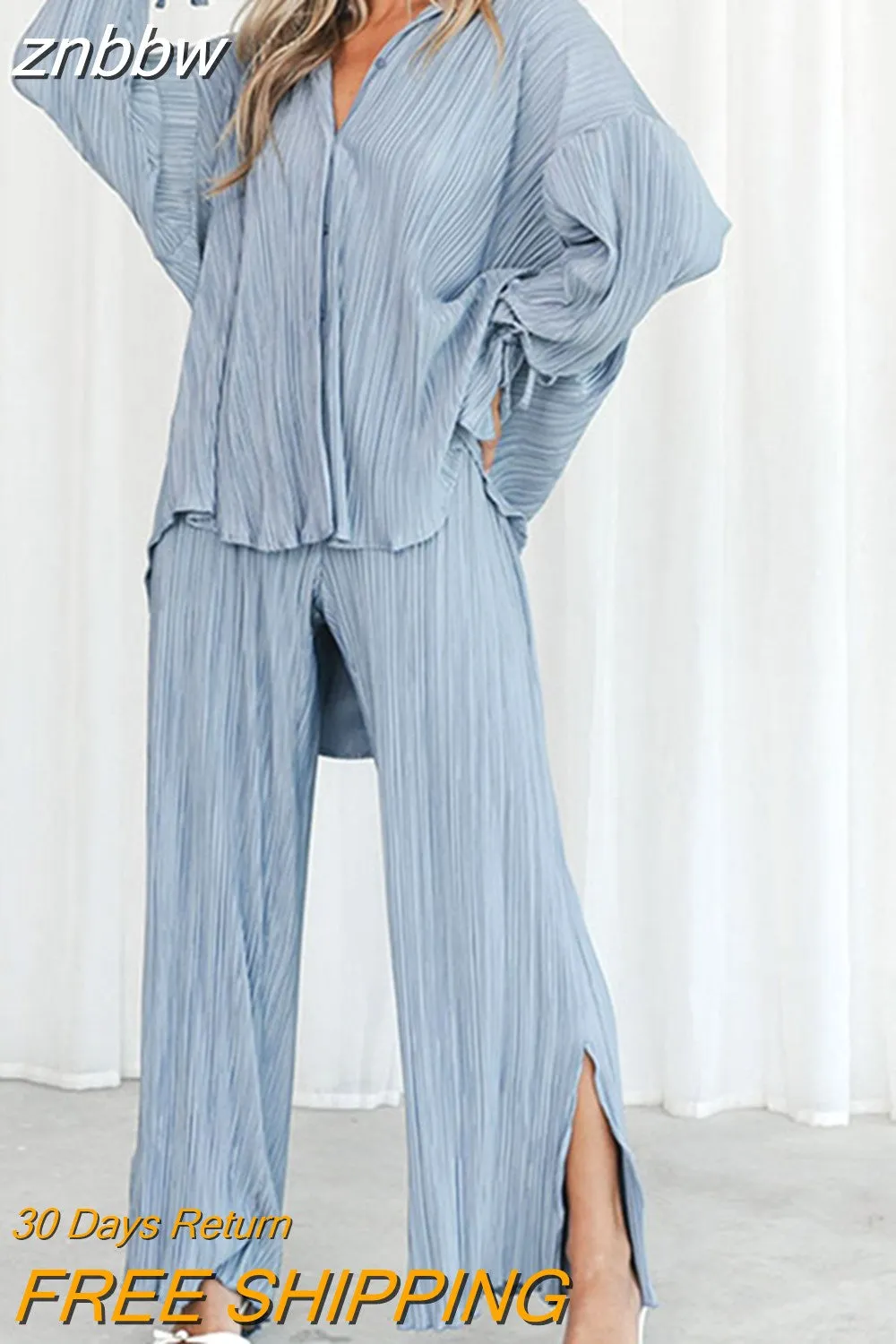 znbbw Women Pleated 2 Piece Sets Long Sleeve Blouse Tops And Split Wide Leg Pant Suit Female Fashion Casual Loose Homewear Outfit - Image 7