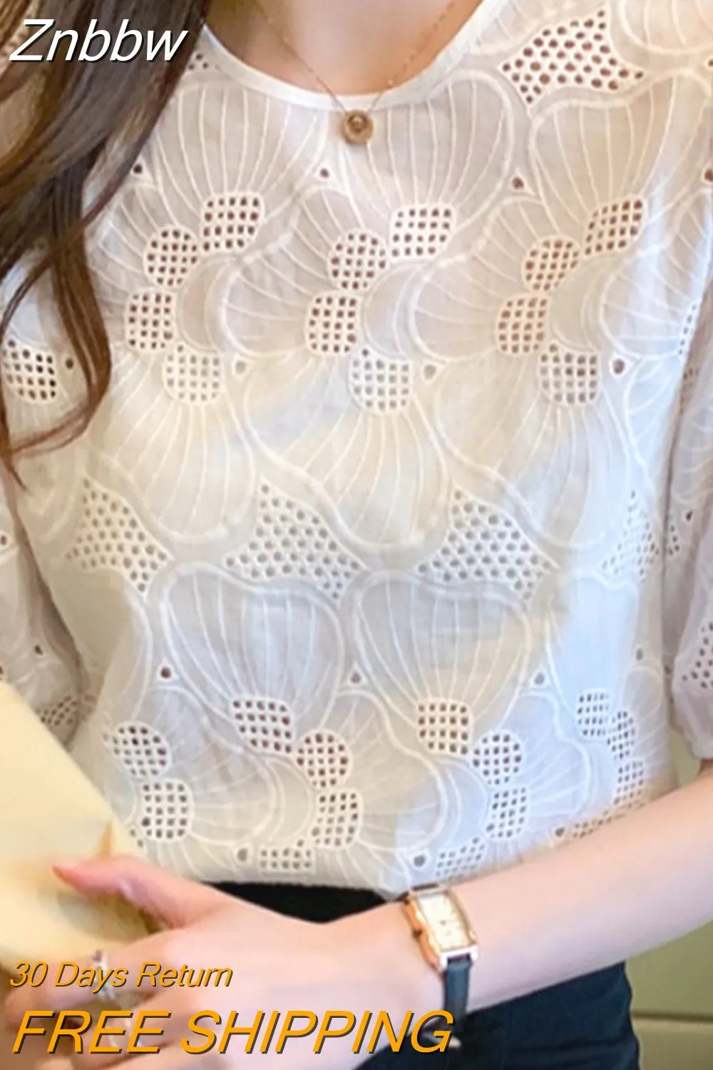 Znbbw Women White Blouse Tops Short Sleeve Hollow Chiffon Blouse Shirt Blouse Women Blusas Mujer De Moda 2023 Blouses Top E949