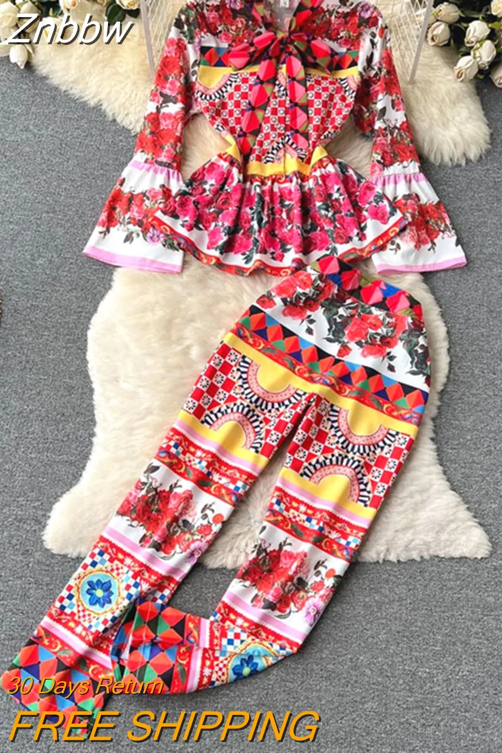 Znbbw 2023 New Fashion Runway Summer Flower Print Suits Women's Vintage Loose Tops and Slim Long Pants 2 Piece Set N58300 - Image 4