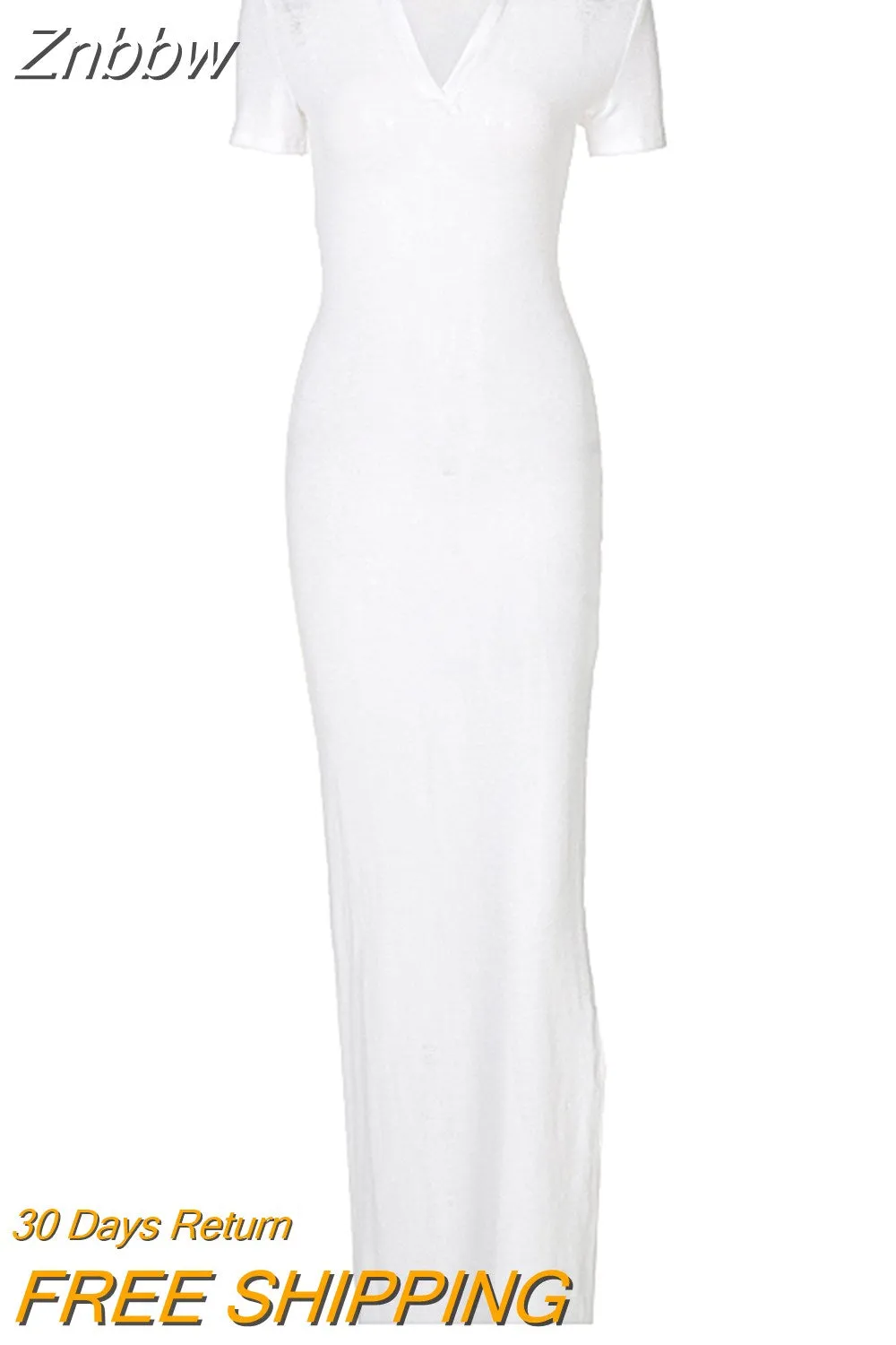 Znbbw Women Summer Fashion Short Sleeve Bodycon V Neck Soild Color Split Long Dress 2023 Female Clothing Streetwear - Image 4