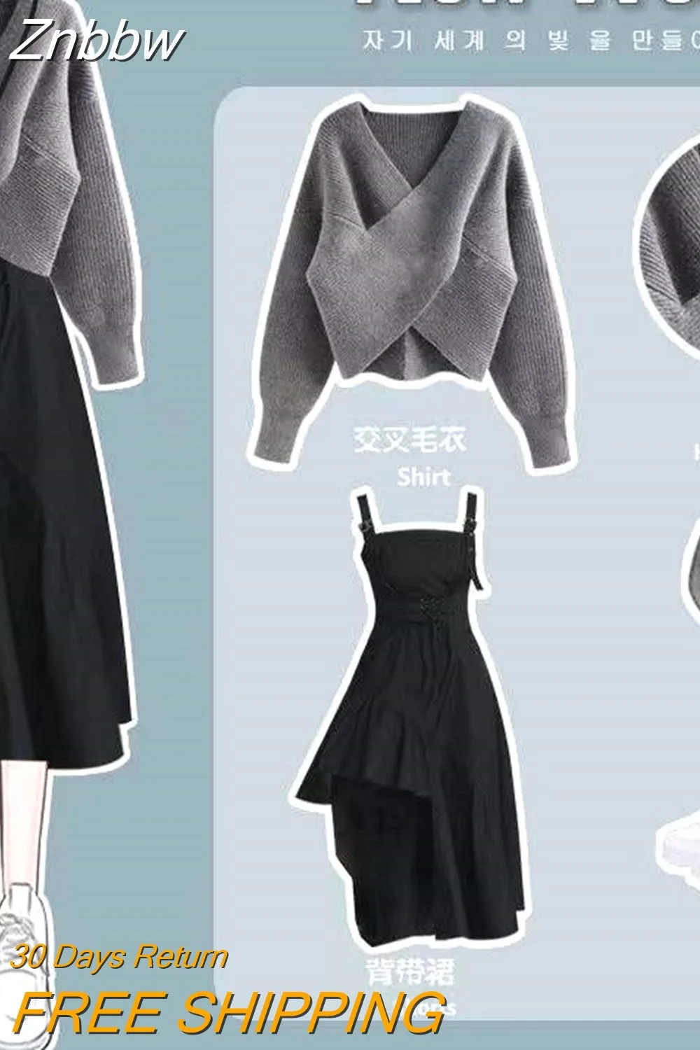 Znbbw Autumn Fashion Large Size Suit Women's 2023 New Korean Knitted Sweater Irregular Suspender Dress Two-piece Suit - Image 4