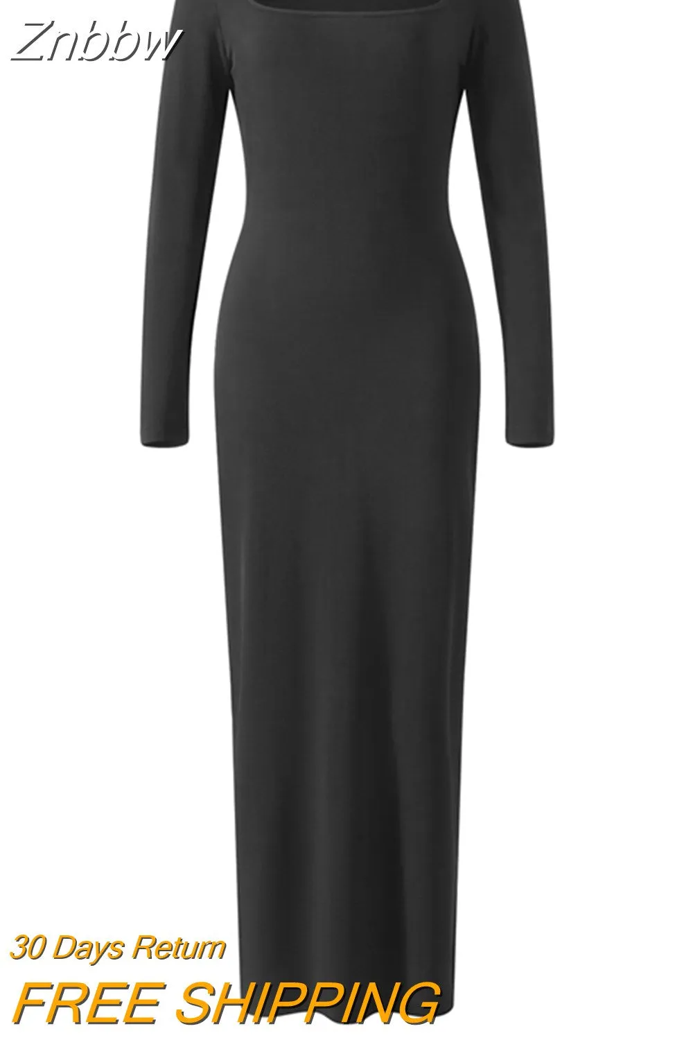Znbbw Women Long Sleeve Square Neck Sleeve Long Bodycon Dress Knitted Low Cut Pencil Sheath Dress Stretchy Clubwear - Image 8