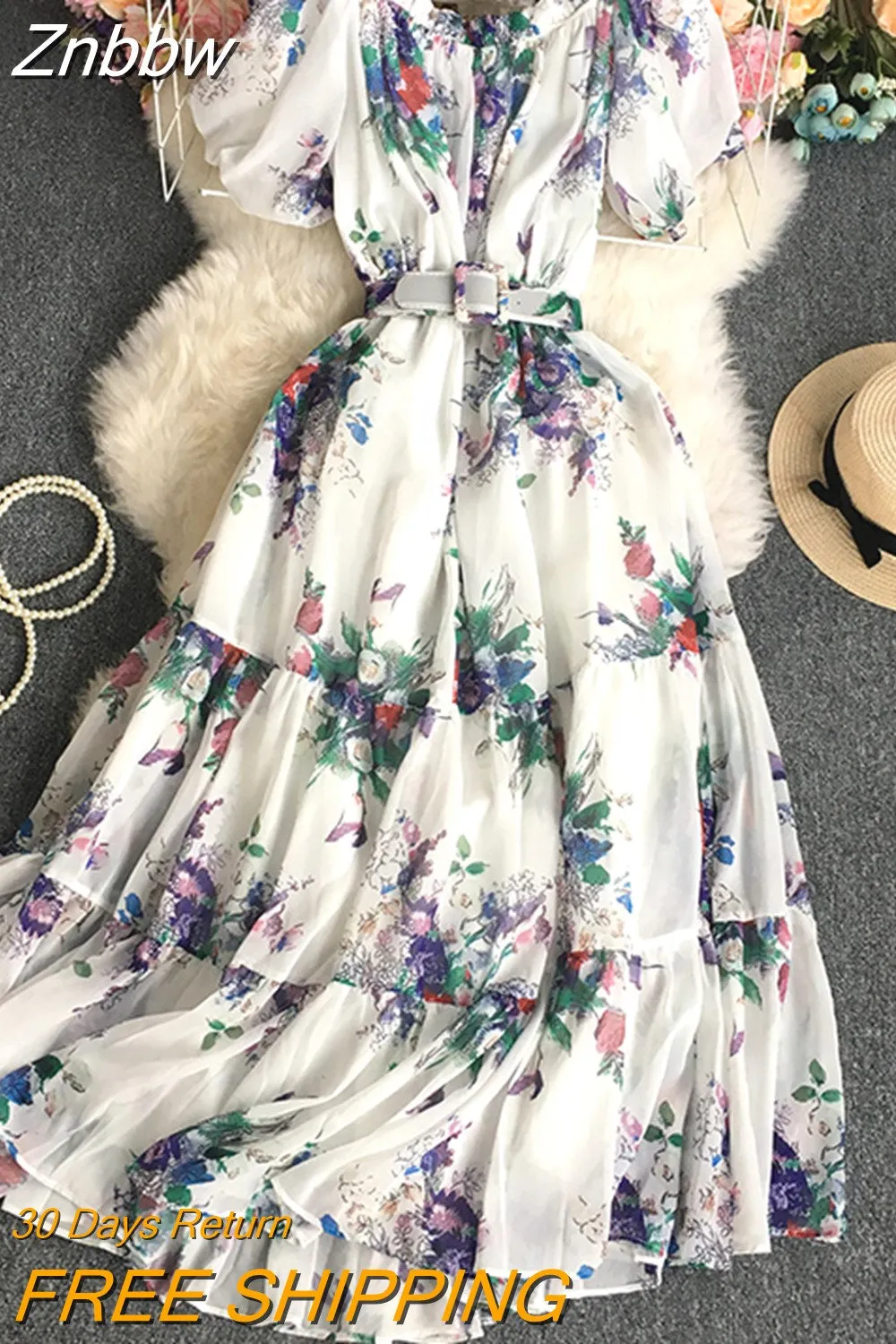 Znbbw Women Summer Dress Grace Temperament Sweet High Waist Flat Collar Floral Short Sleeve Folding A-line Vestidos D2441 - Image 4