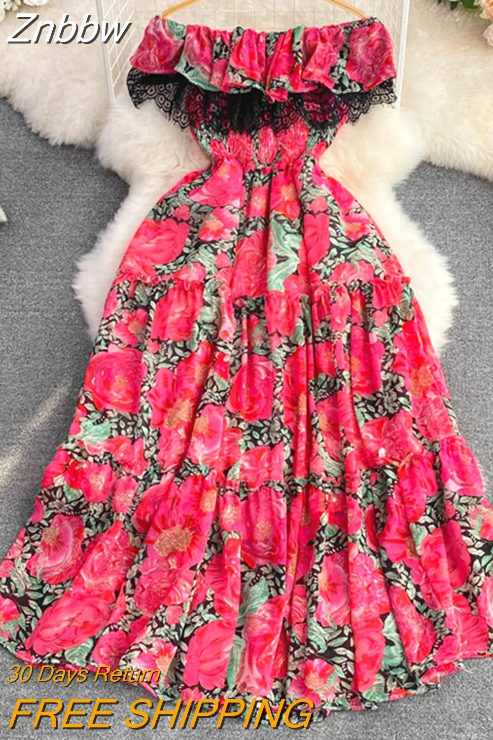 Znbbw Women Summer Dress Off Shoulder Open Shoulder Lotus Leaf Edge Close Waist Slim Print A-line  Big Hem Long Dress D2803 - Image 4