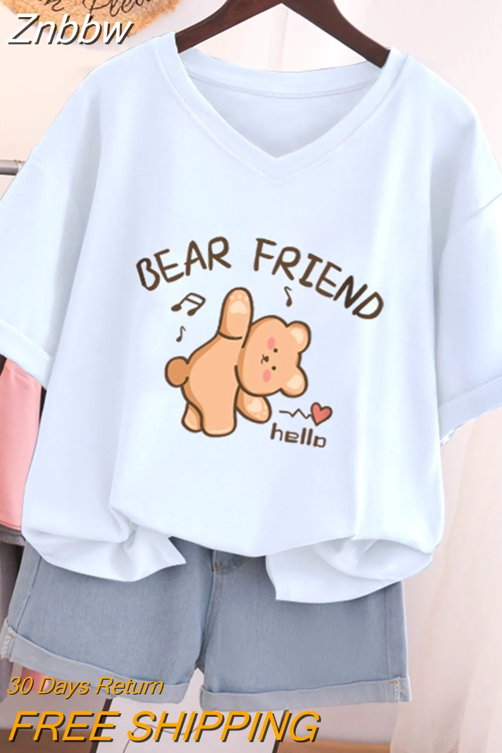 Znbbw 100% Cotton L-5XL Plus Size T Shirt Bunny Print V Neck Tshirt Short Sleeve Women Top Basic Summer Couple Solid T Shirts - Image 10