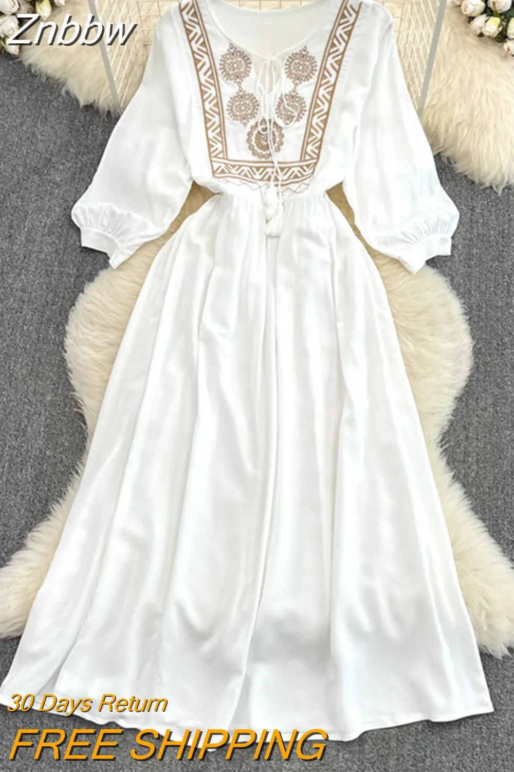 Znbbw Summer National Temperament Round Long Sleeve Embroidered Loose Lace A-line Dress Elegant Large Swing Vestidos D1571 - Image 8